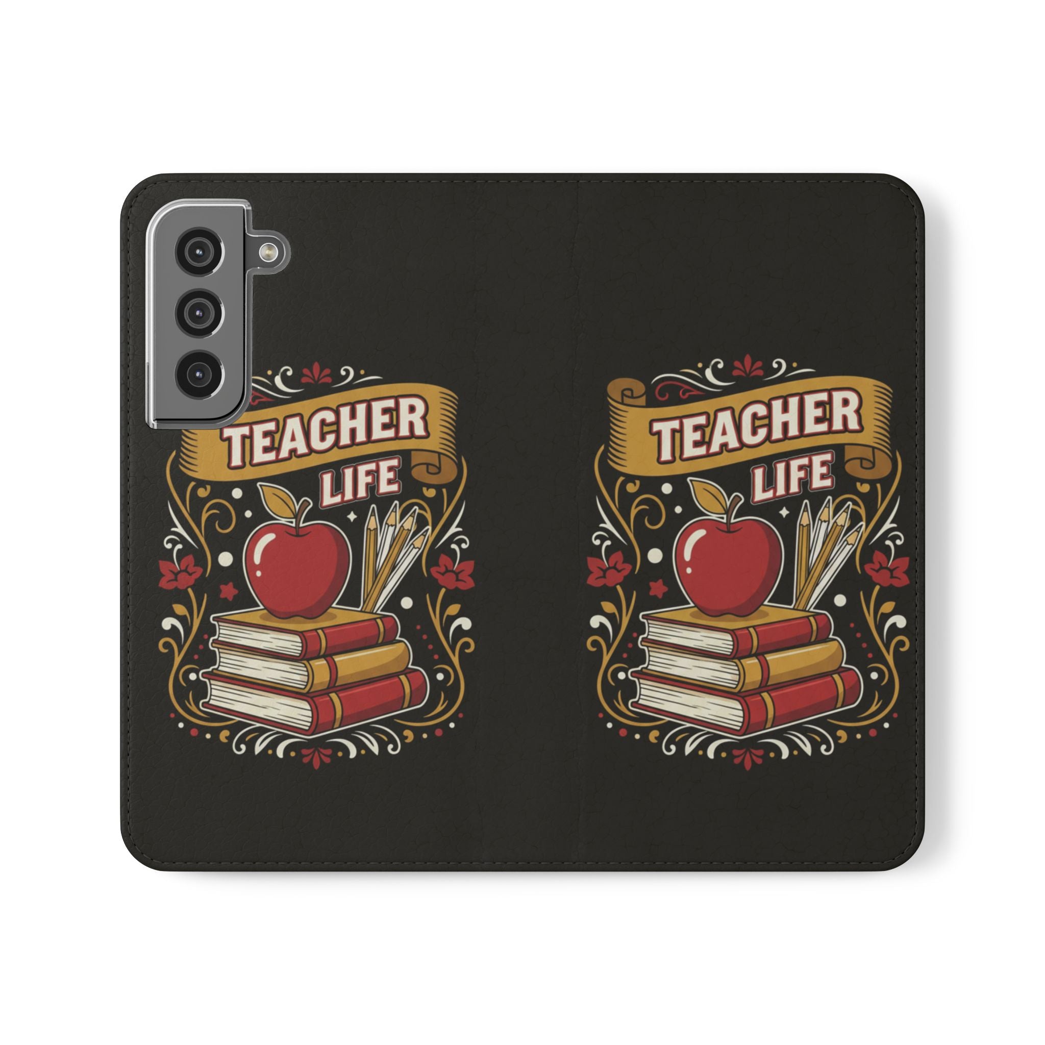 Teacher Life Flip Phone Case – Wallet Folio with Apple & Books Design