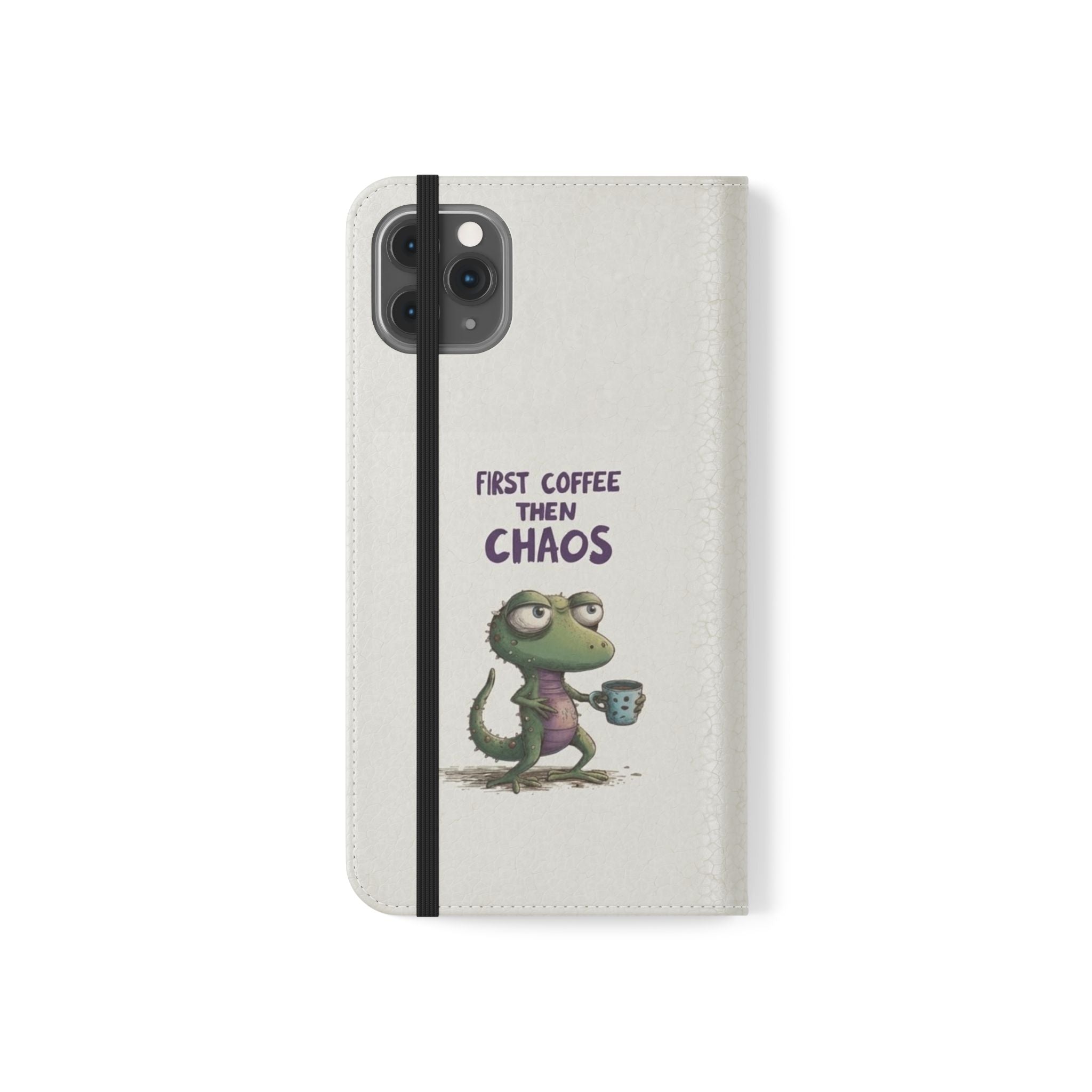 Flip Case — "First Coffee Then Chaos" Cute Dino Phone Wallet