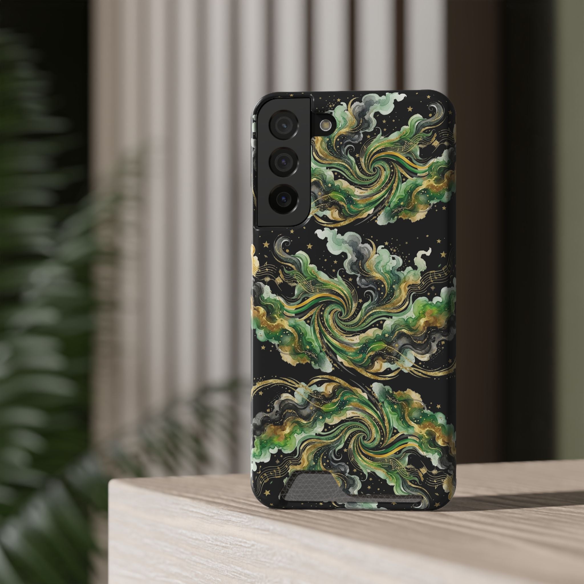 Card Holder Phone Case — Abstract Green Marble Swirl Design