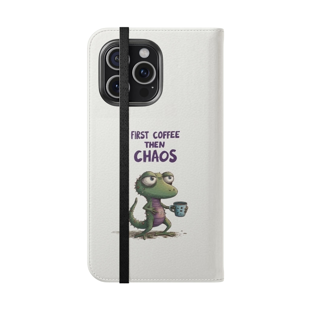 Flip Case — "First Coffee Then Chaos" Cute Dino Phone Wallet