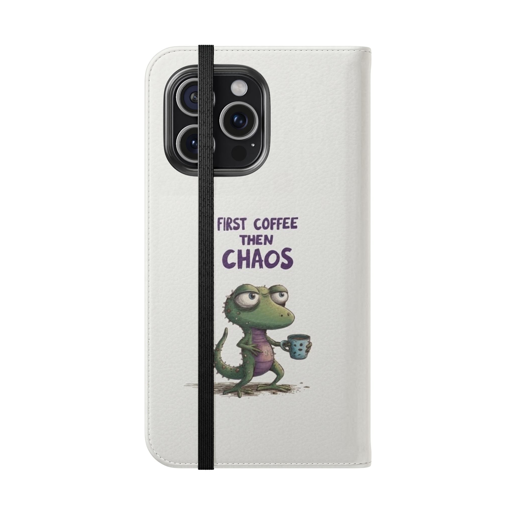 Flip Case — "First Coffee Then Chaos" Cute Dino Phone Wallet