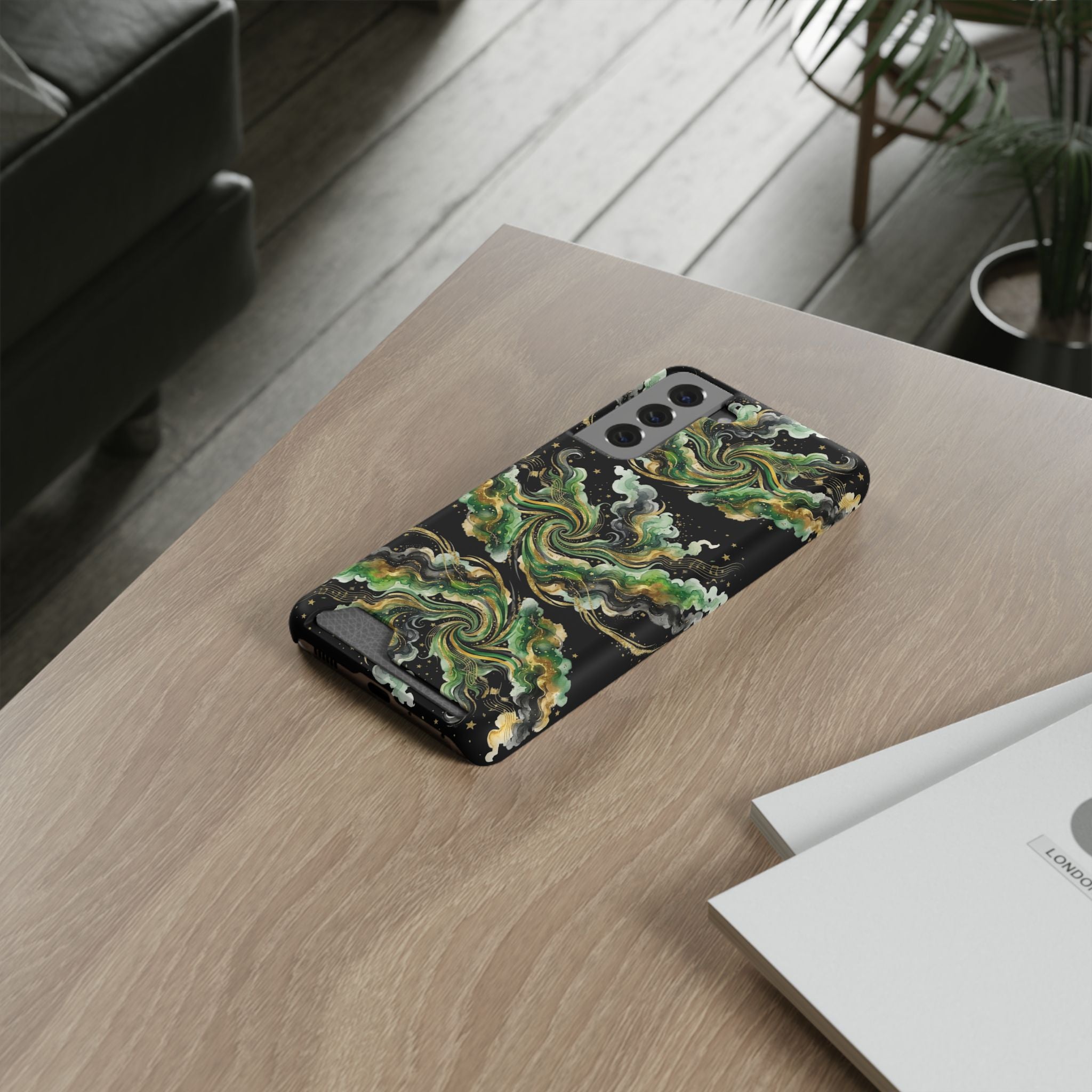 Card Holder Phone Case — Abstract Green Marble Swirl Design