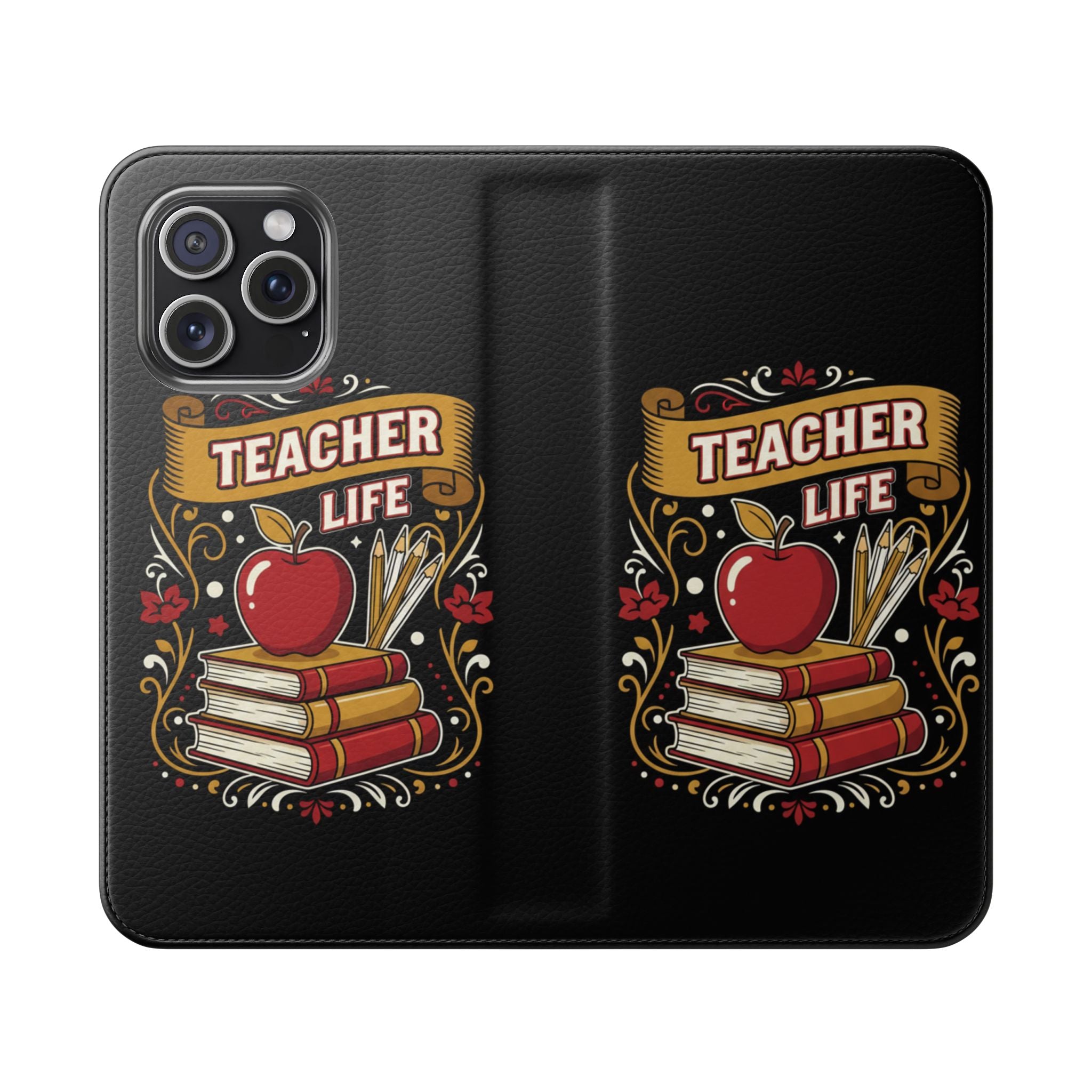 Teacher Life Flip Phone Case – Wallet Folio with Apple & Books Design