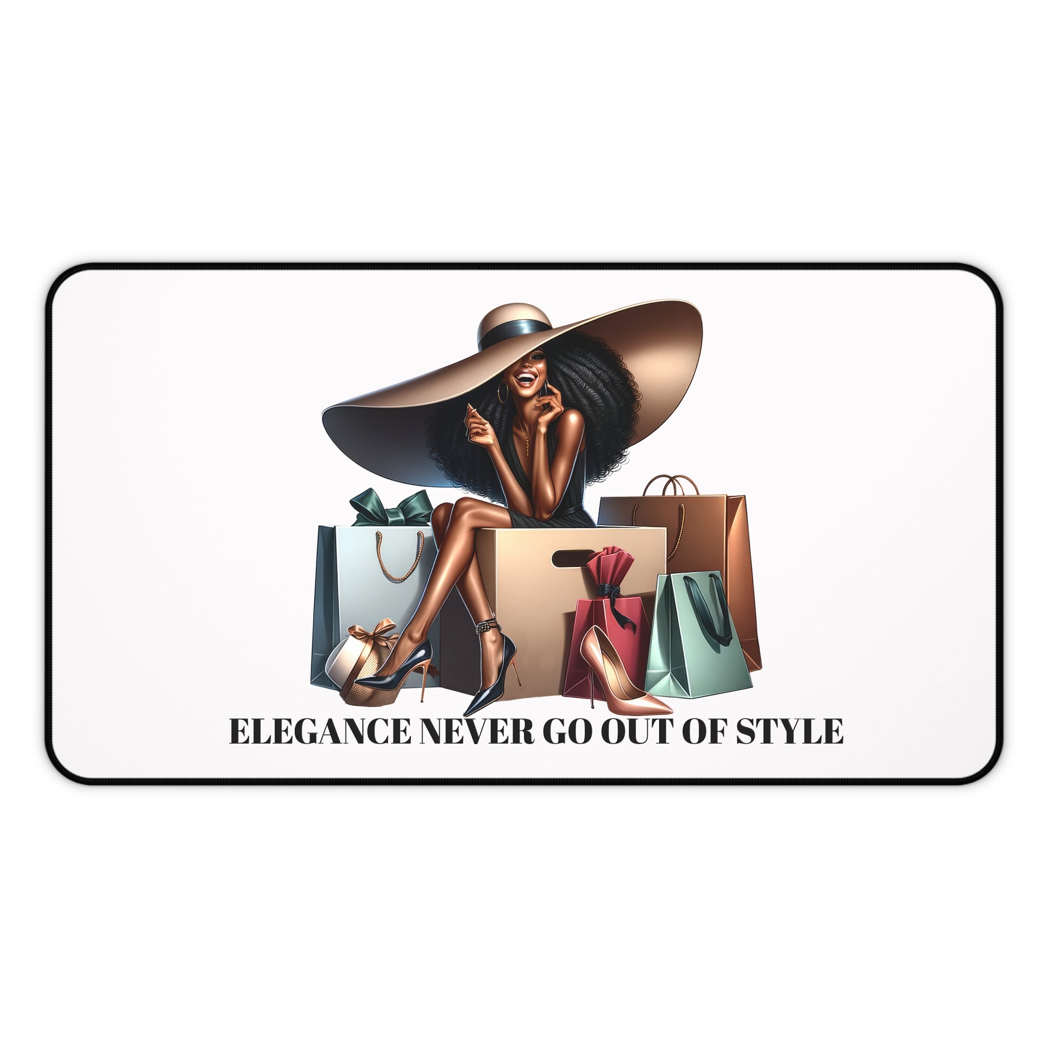 Chic Shopper Desk Mat — Fashionista Woman with Shopping Bags Mouse Pad