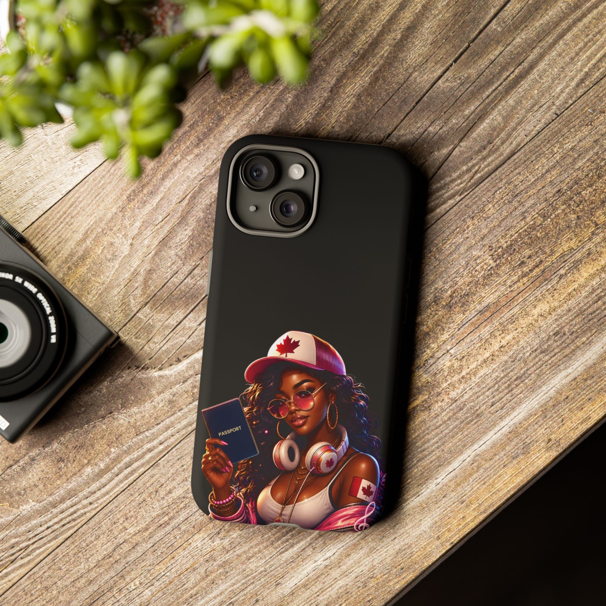 Canadian Vibes Phone Case — Afrobeat Girl with Headphones & Passport Design