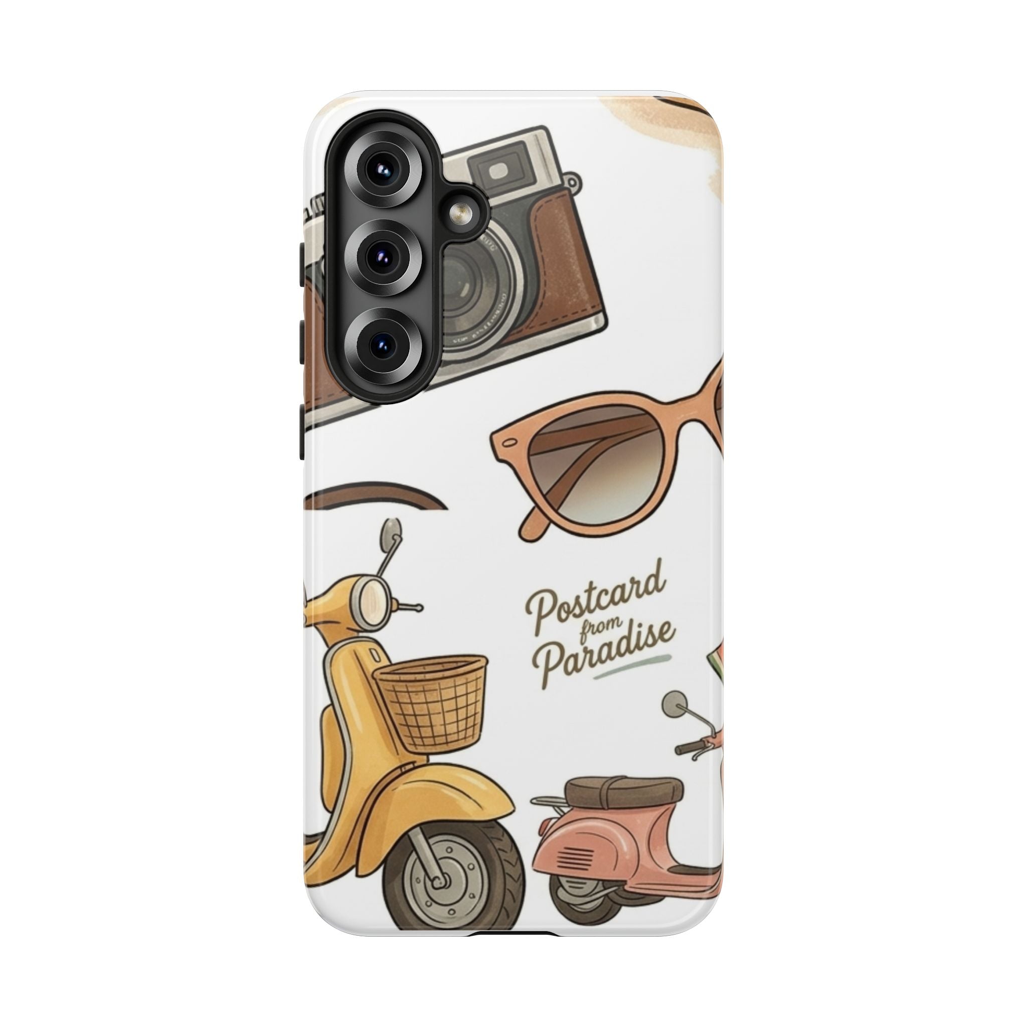 Vintage Summer Beach Phone Case — Feminine Travel Pattern with Cameras, Sunglasses & Scooter