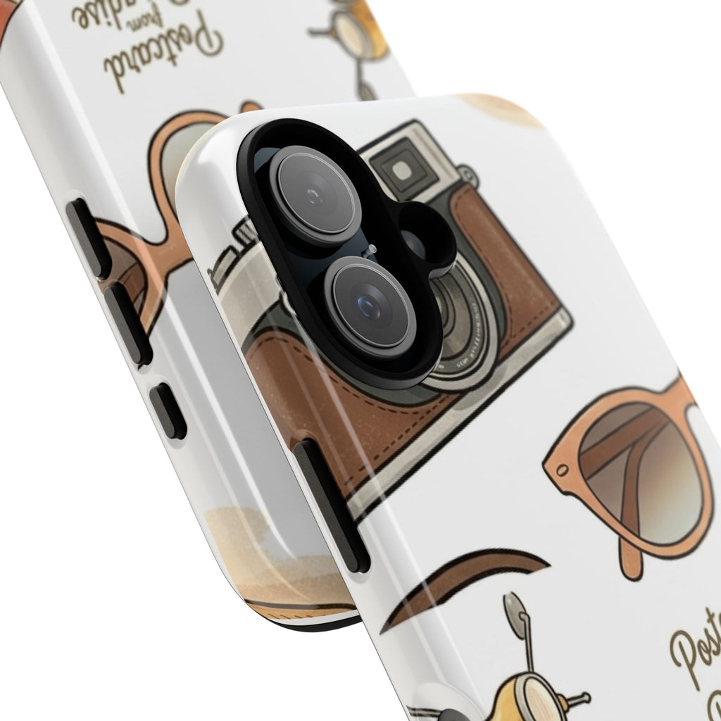 Vintage Summer Beach Phone Case — Feminine Travel Pattern with Cameras, Sunglasses & Scooter