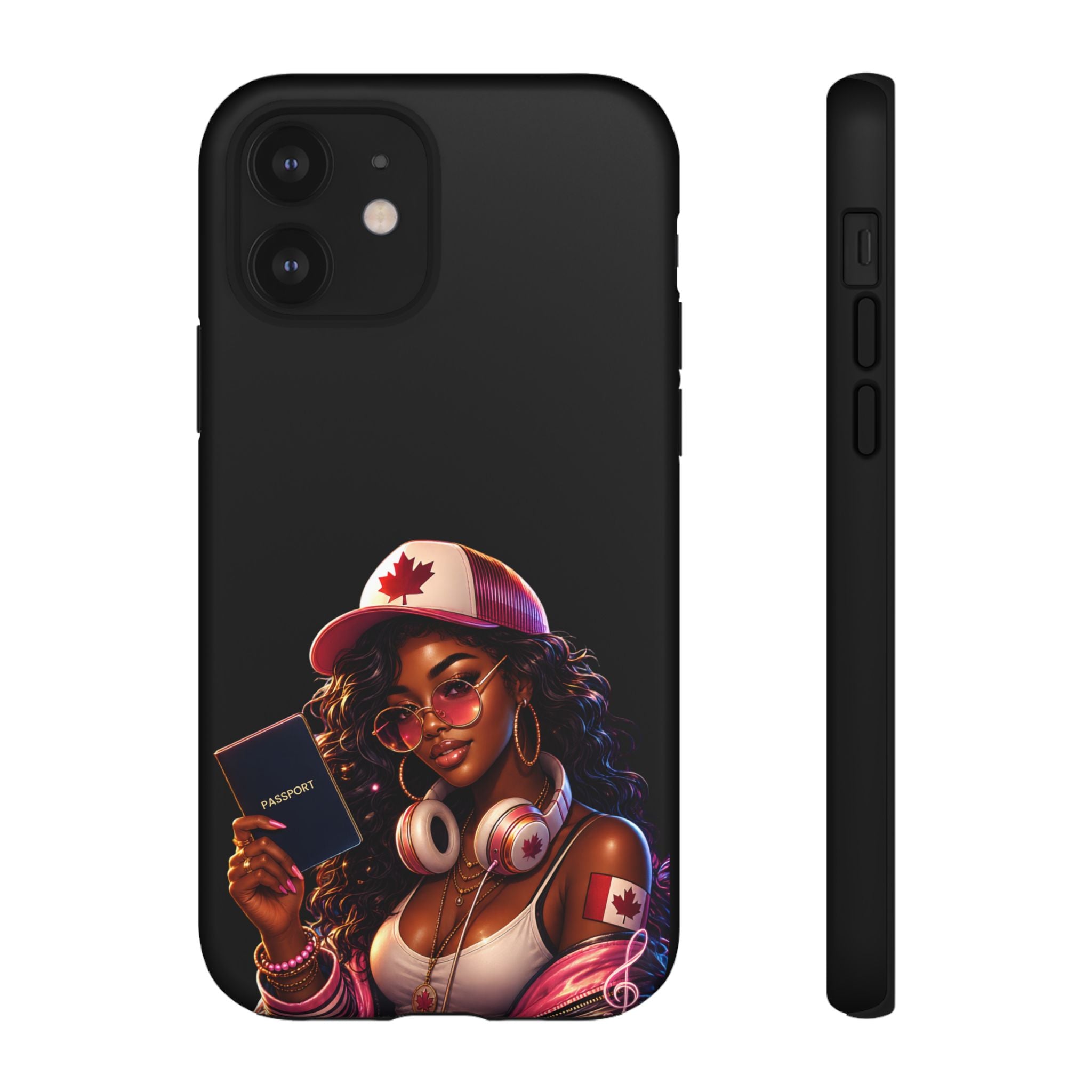 Canadian Vibes Phone Case — Afrobeat Girl with Headphones & Passport Design