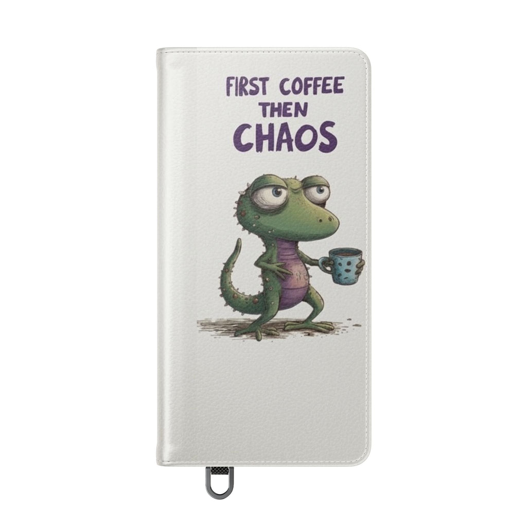Flip Case — "First Coffee Then Chaos" Cute Dino Phone Wallet