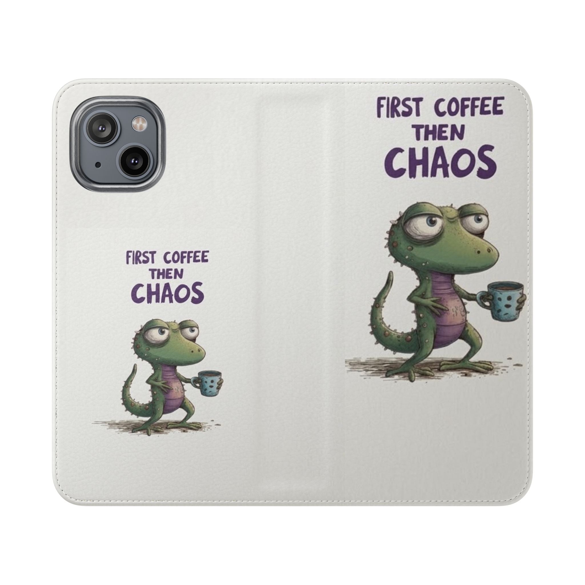 Flip Case — "First Coffee Then Chaos" Cute Dino Phone Wallet