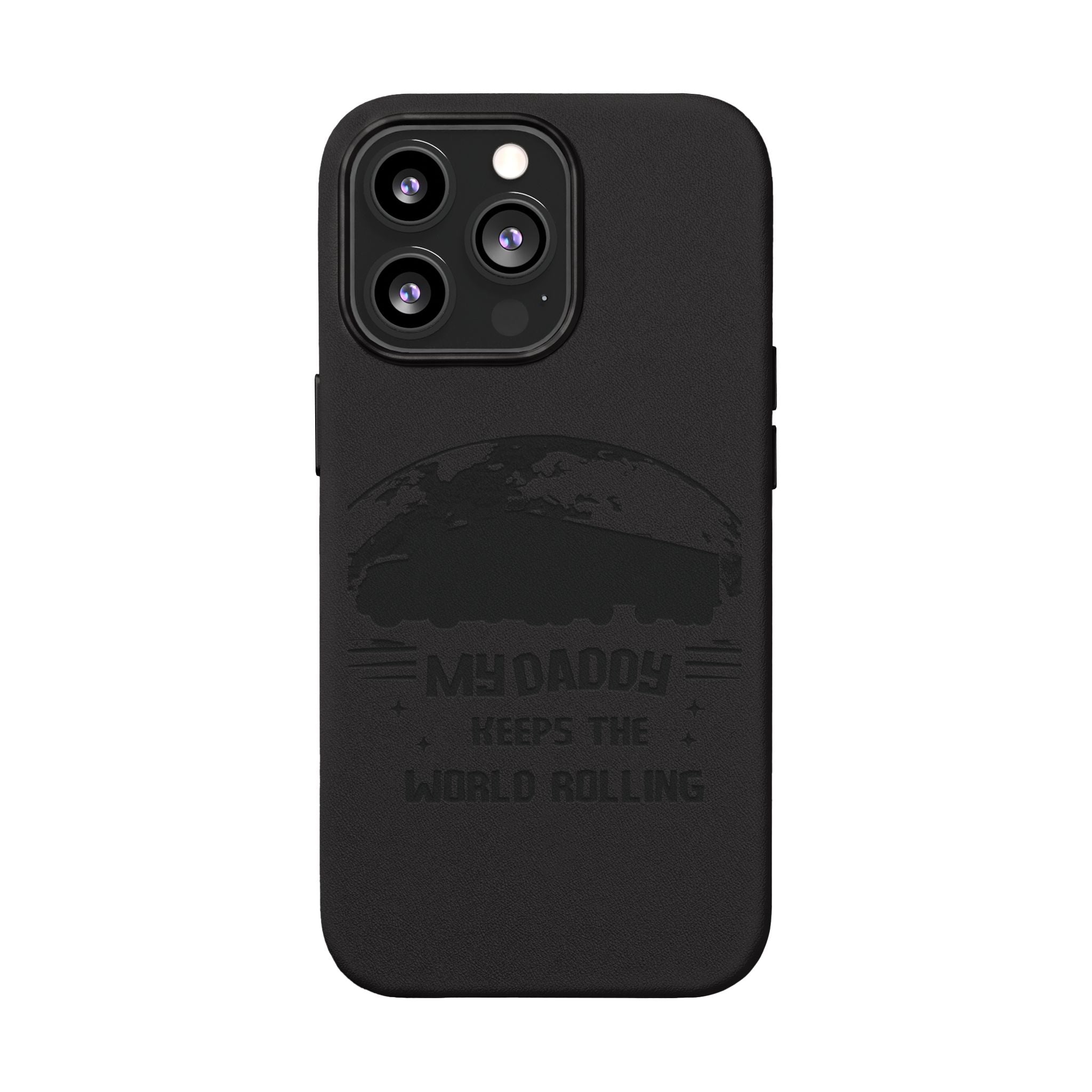 Engraved PU Leather Phone Case — 'Mhdaddy Keeps the World Rolling' Vintage Van Design