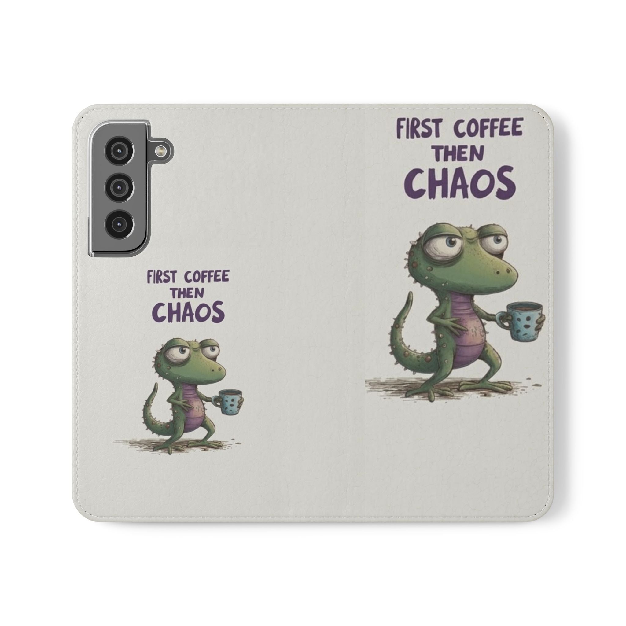 Flip Case — "First Coffee Then Chaos" Cute Dino Phone Wallet