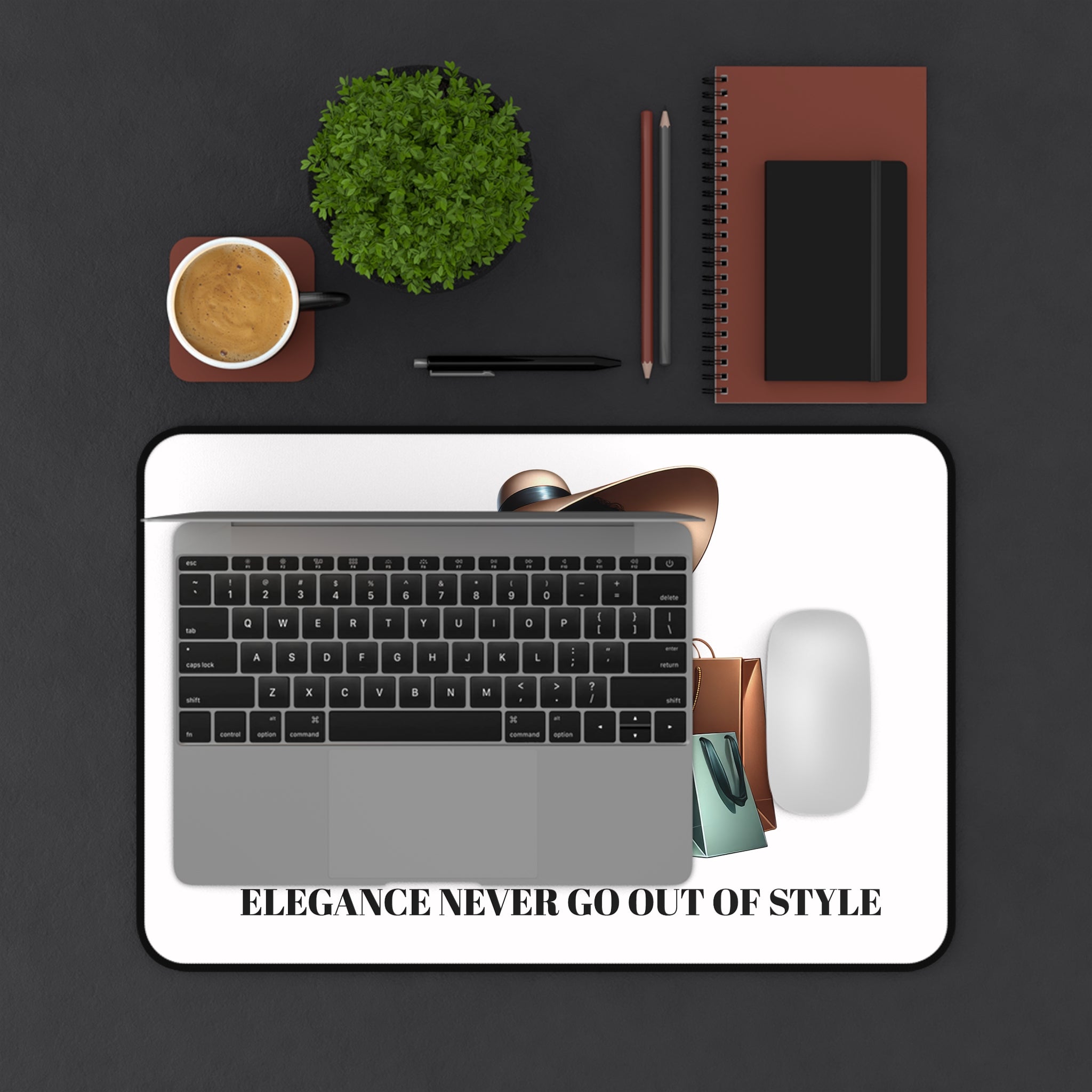 Chic Shopper Desk Mat — Fashionista Woman with Shopping Bags Mouse Pad