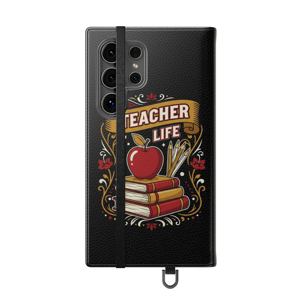 Teacher Life Flip Phone Case – Wallet Folio with Apple & Books Design
