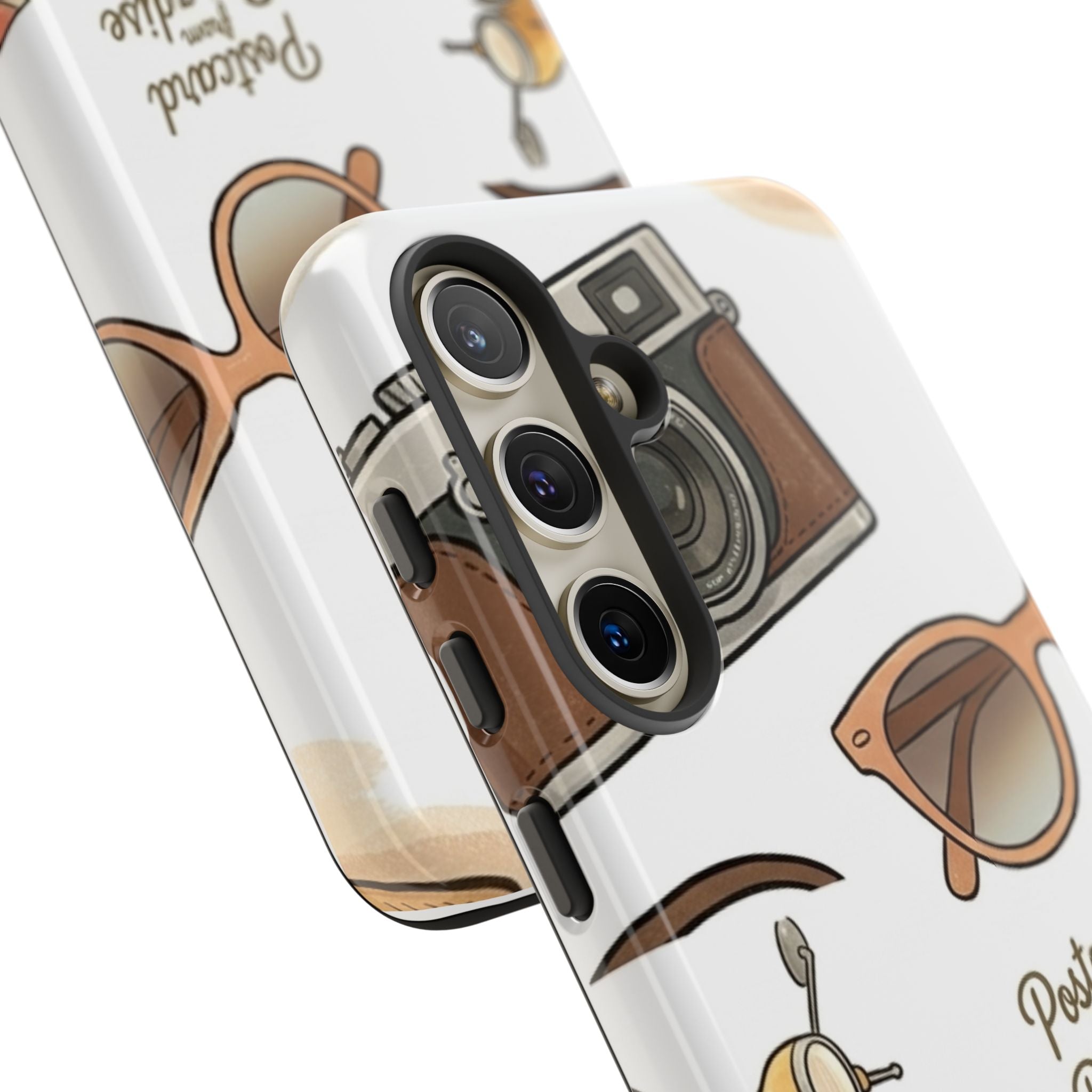 Vintage Summer Beach Phone Case — Feminine Travel Pattern with Cameras, Sunglasses & Scooter