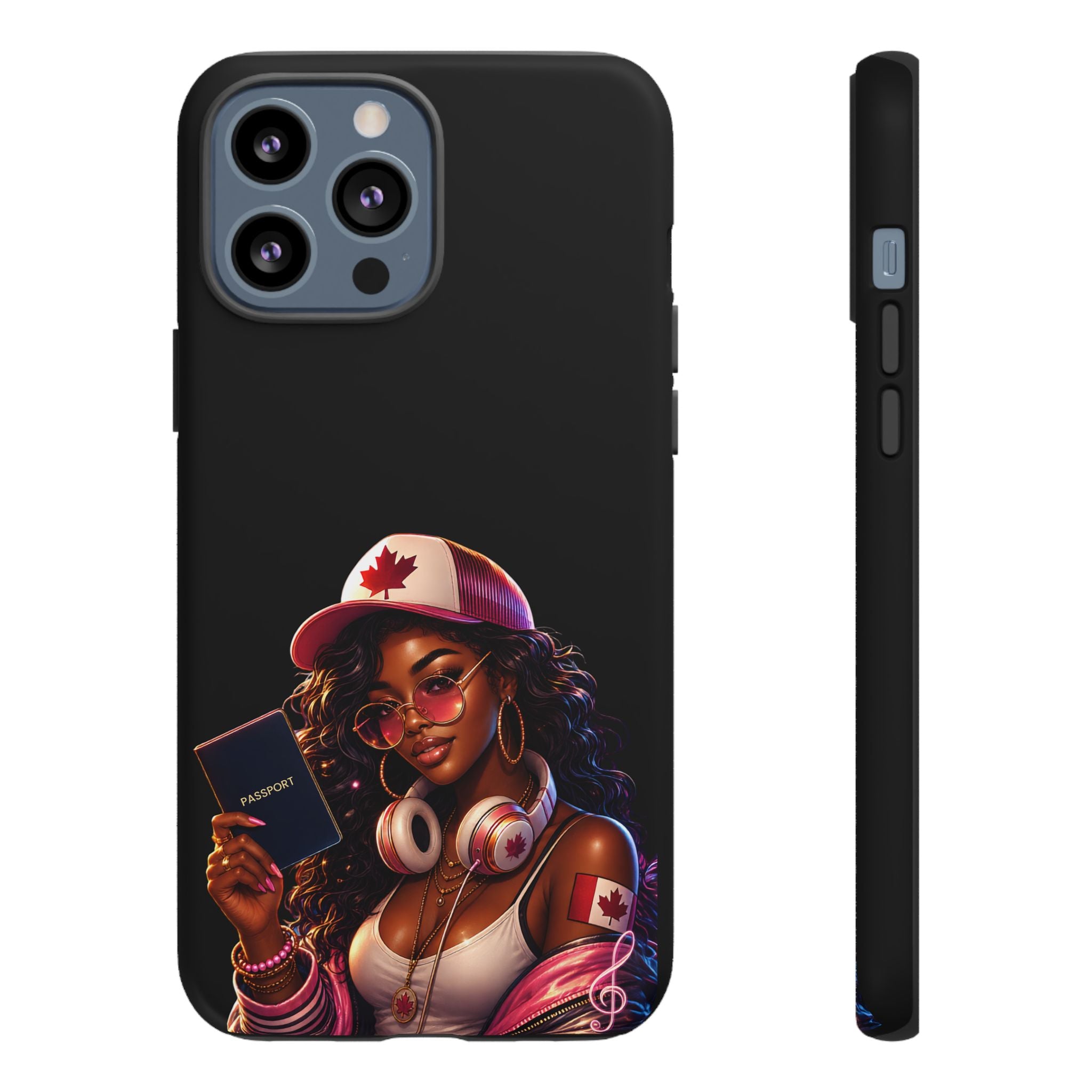 Canadian Vibes Phone Case — Afrobeat Girl with Headphones & Passport Design