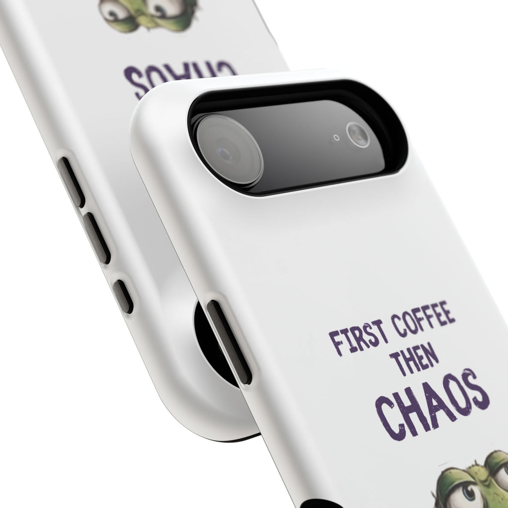 Impact-Resistant Phone Case — "First Coffee Then Chaos" Cute Lizard Coffee Design