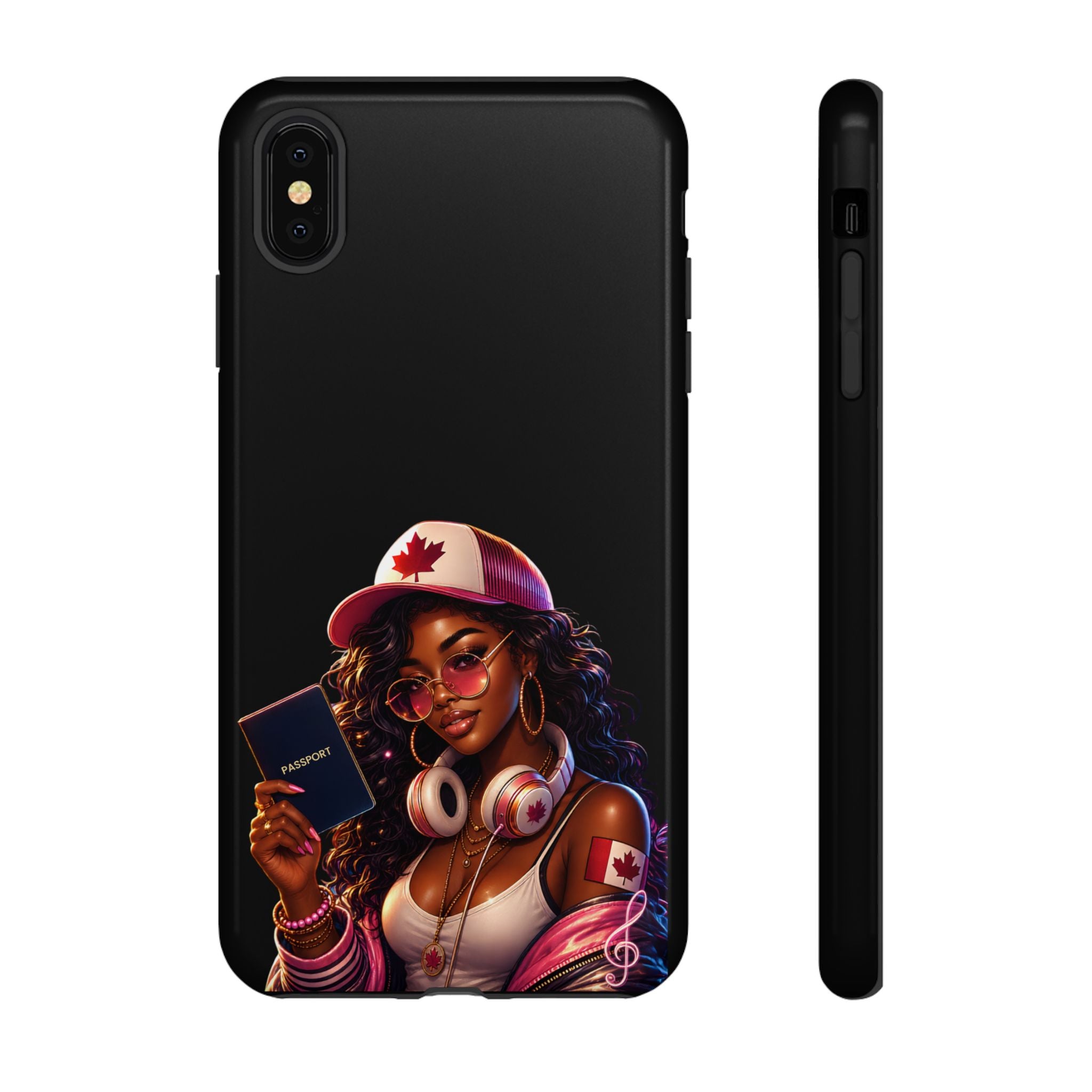 Canadian Vibes Phone Case — Afrobeat Girl with Headphones & Passport Design