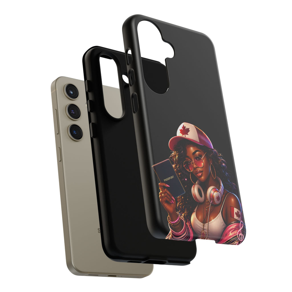 Canadian Vibes Phone Case — Afrobeat Girl with Headphones & Passport Design
