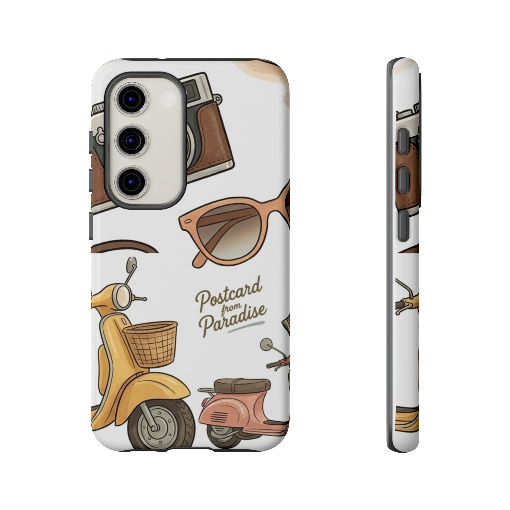 Vintage Summer Beach Phone Case — Feminine Travel Pattern with Cameras, Sunglasses & Scooter