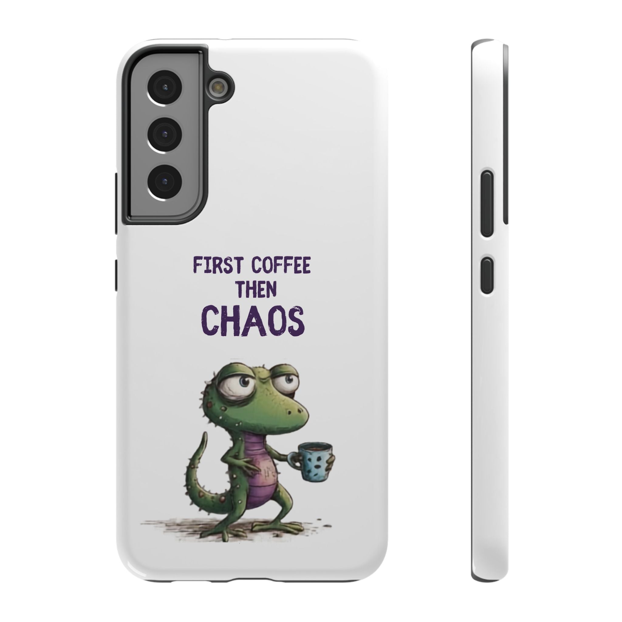 Impact-Resistant Phone Case — "First Coffee Then Chaos" Cute Lizard Coffee Design