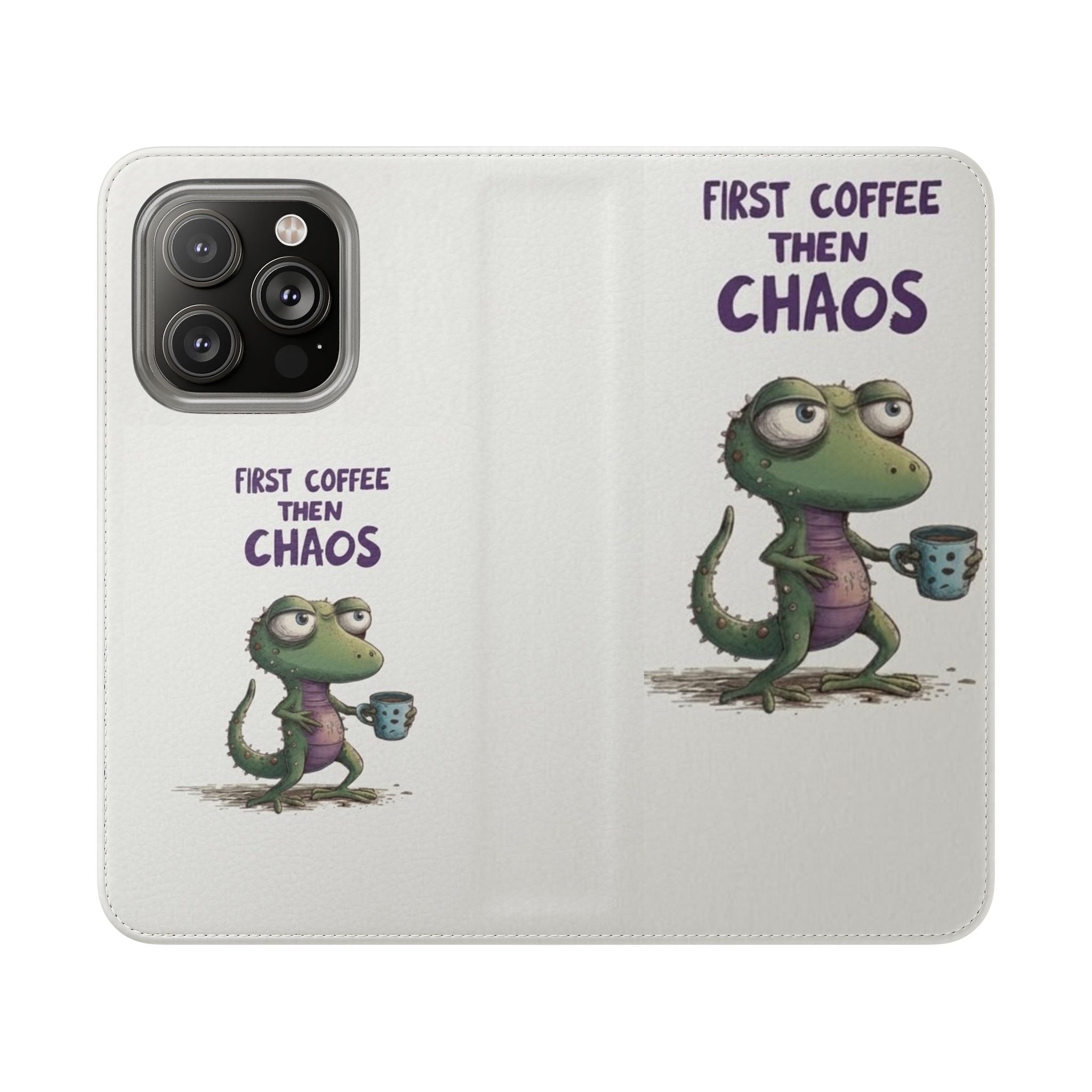 Flip Case — "First Coffee Then Chaos" Cute Dino Phone Wallet