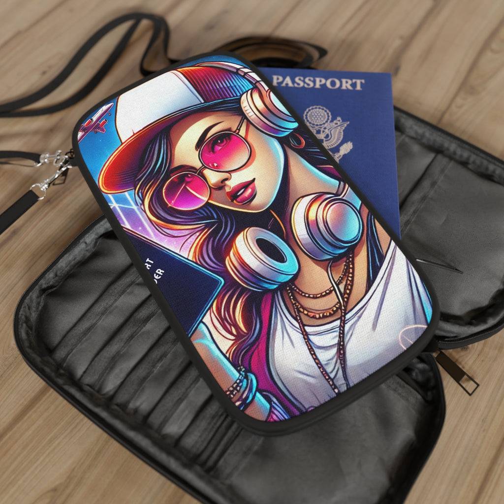 Retro Cool Travel Passport Wallet — Neon Headphones Girl Design