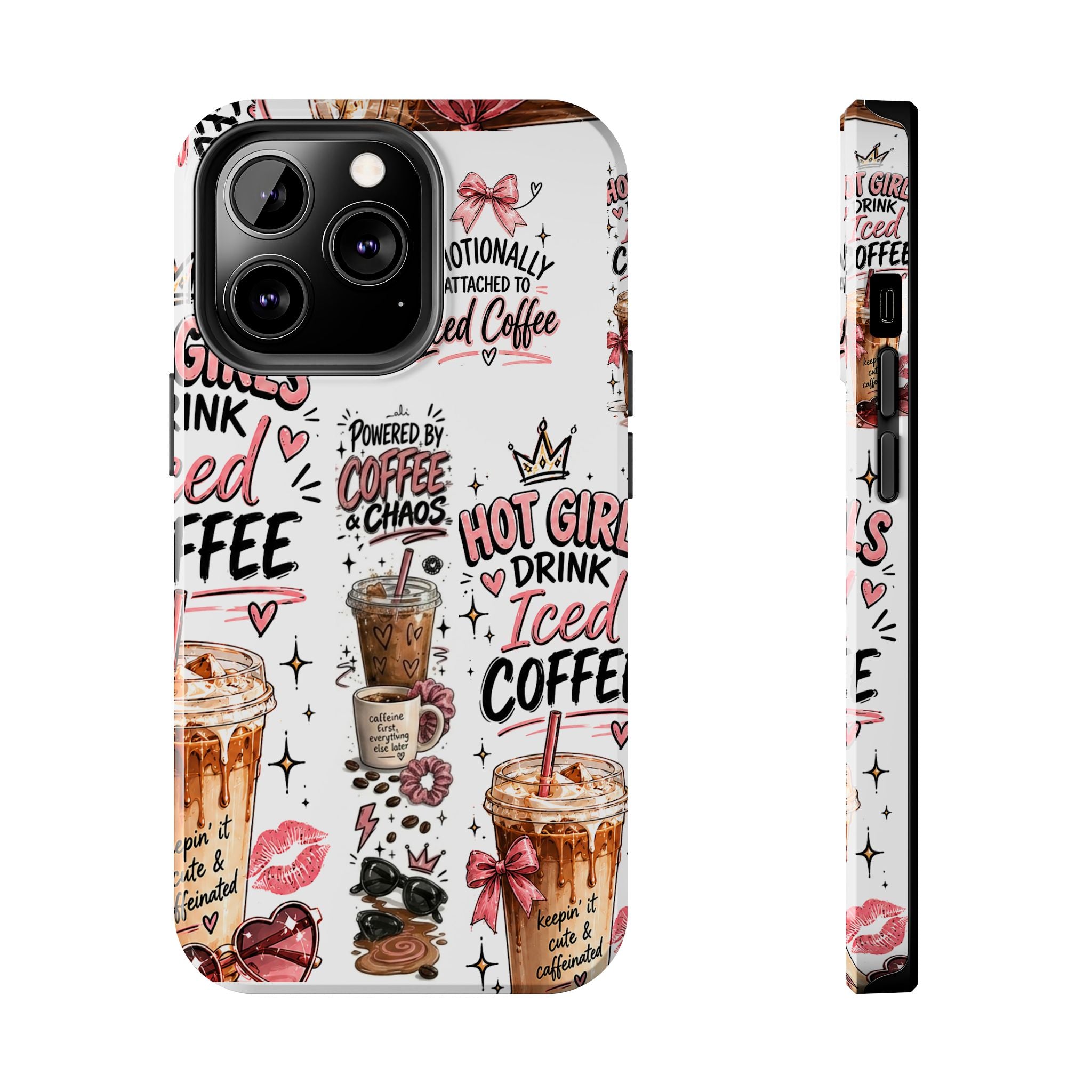 Iced Coffee Pattern Phone Case – "Powered by Coffee & Chaos" Tough Protective Case