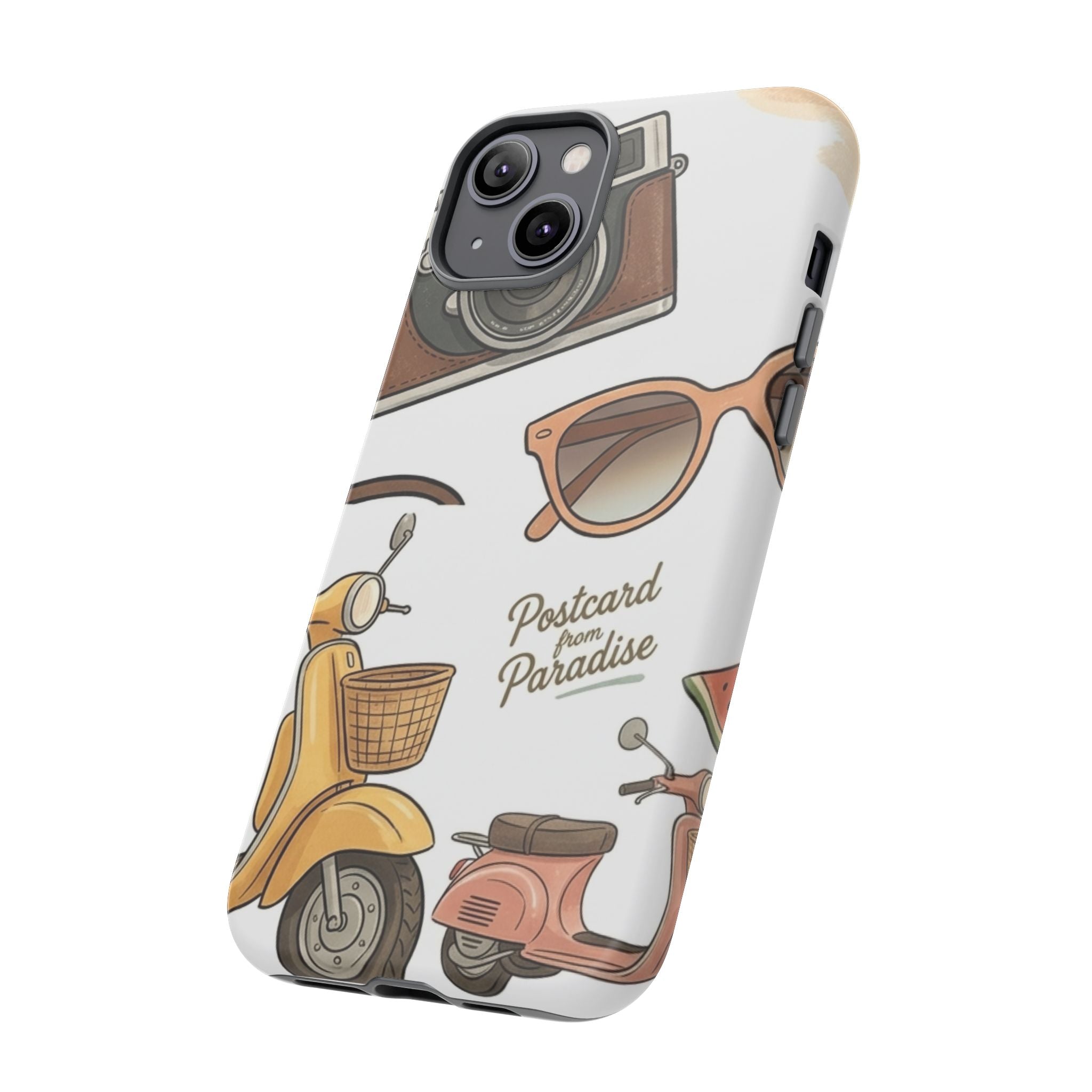Vintage Summer Beach Phone Case — Feminine Travel Pattern with Cameras, Sunglasses & Scooter