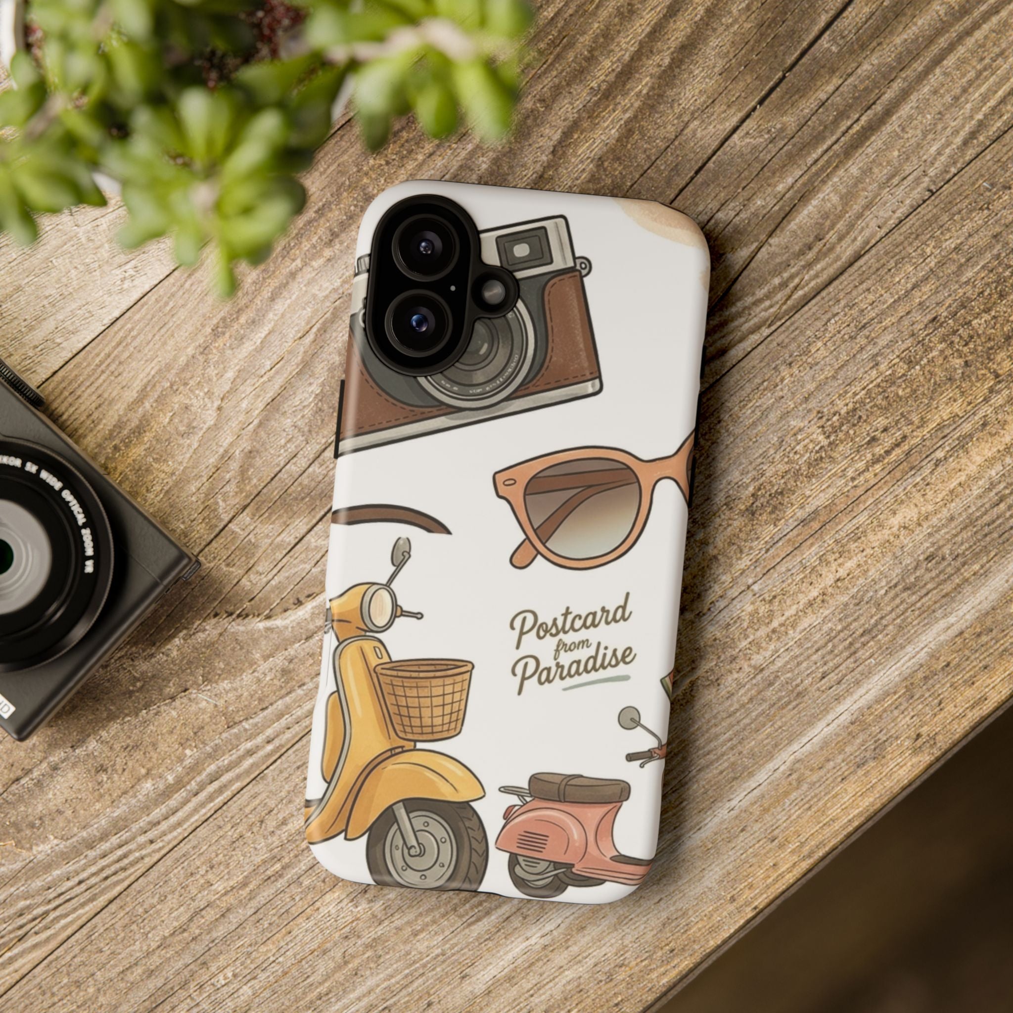 Vintage Summer Beach Phone Case — Feminine Travel Pattern with Cameras, Sunglasses & Scooter