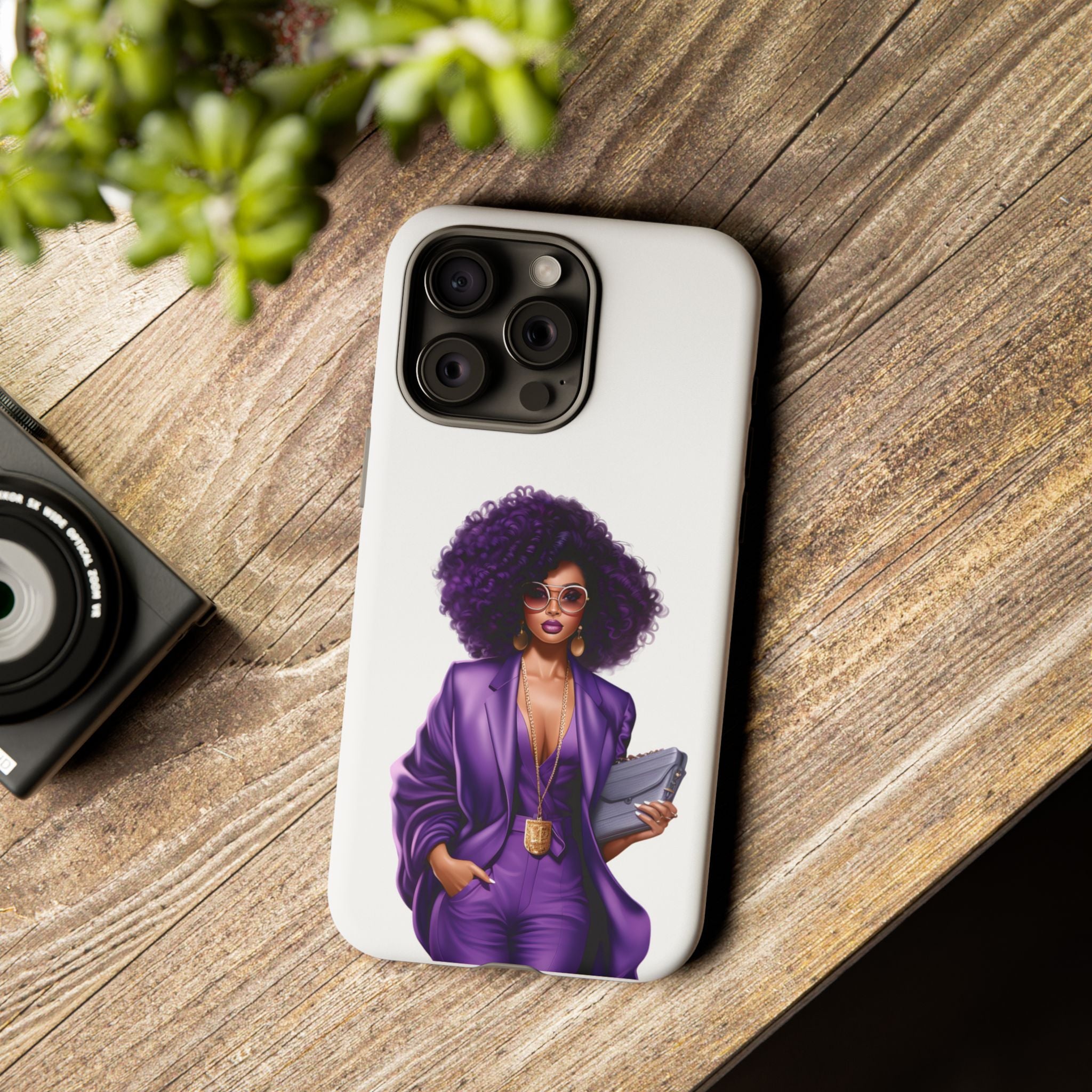 Purple Power Woman Phone Case — Afro Chic Businesswoman Protective Phone Cover