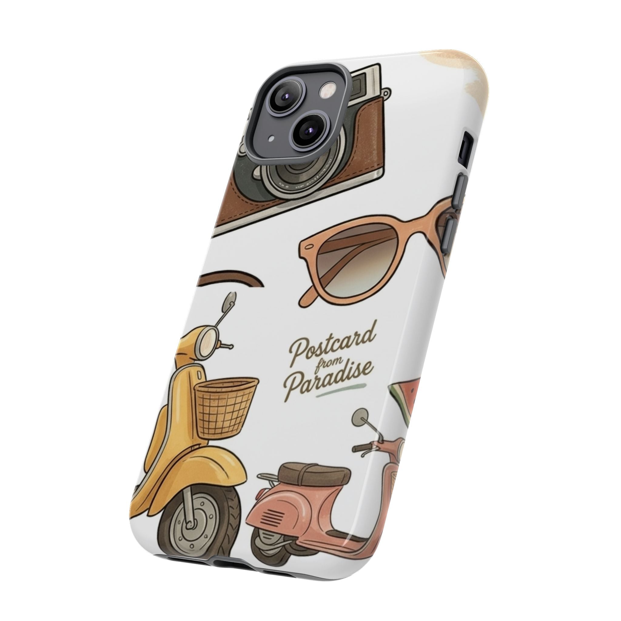 Vintage Summer Beach Phone Case — Feminine Travel Pattern with Cameras, Sunglasses & Scooter