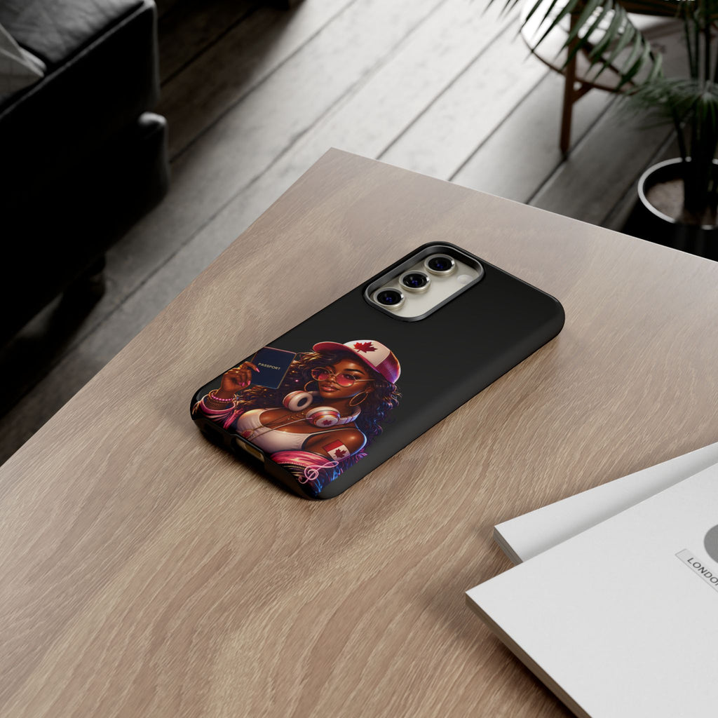 Canadian Vibes Phone Case — Afrobeat Girl with Headphones & Passport Design