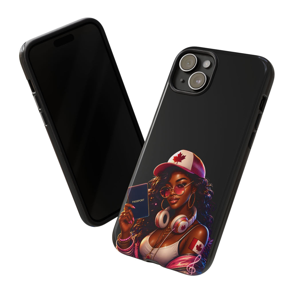 Canadian Vibes Phone Case — Afrobeat Girl with Headphones & Passport Design