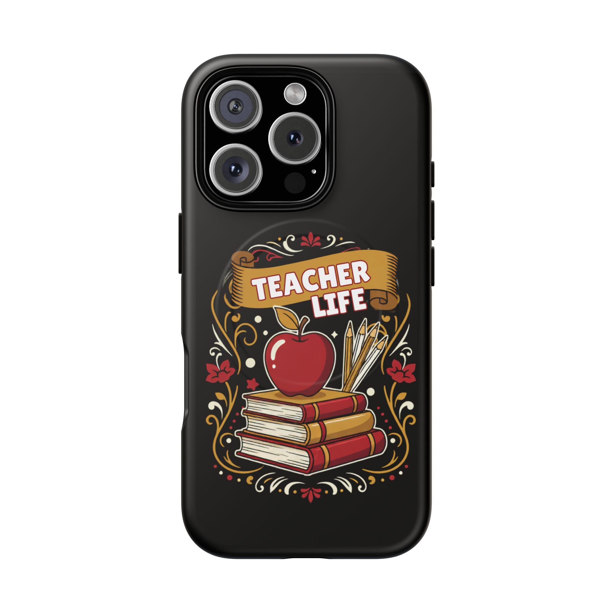 Teacher Life Phone Case - Tough Magnetic Protective Cover with Apple & Books Design