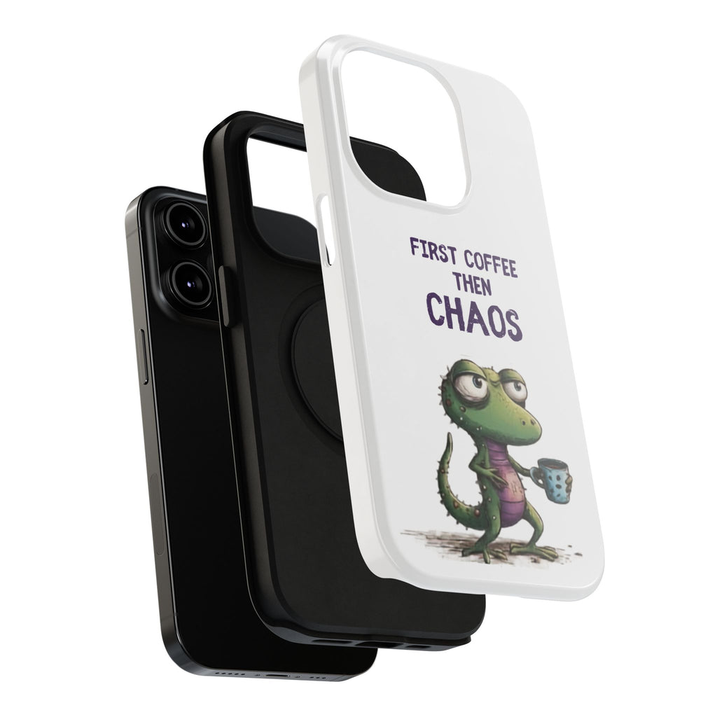 Impact-Resistant Phone Case — "First Coffee Then Chaos" Cute Lizard Coffee Design