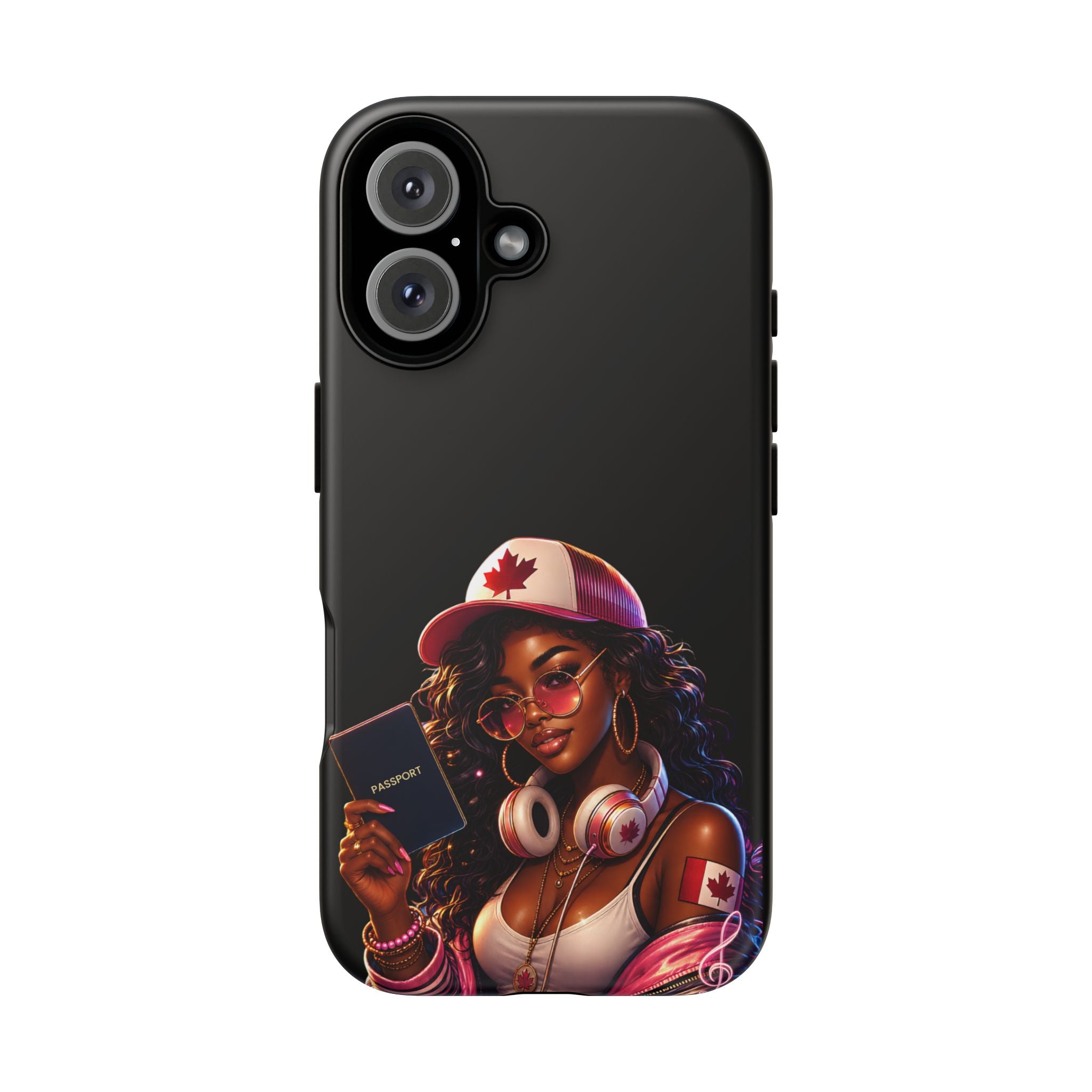 Canadian Vibes Phone Case — Afrobeat Girl with Headphones & Passport Design