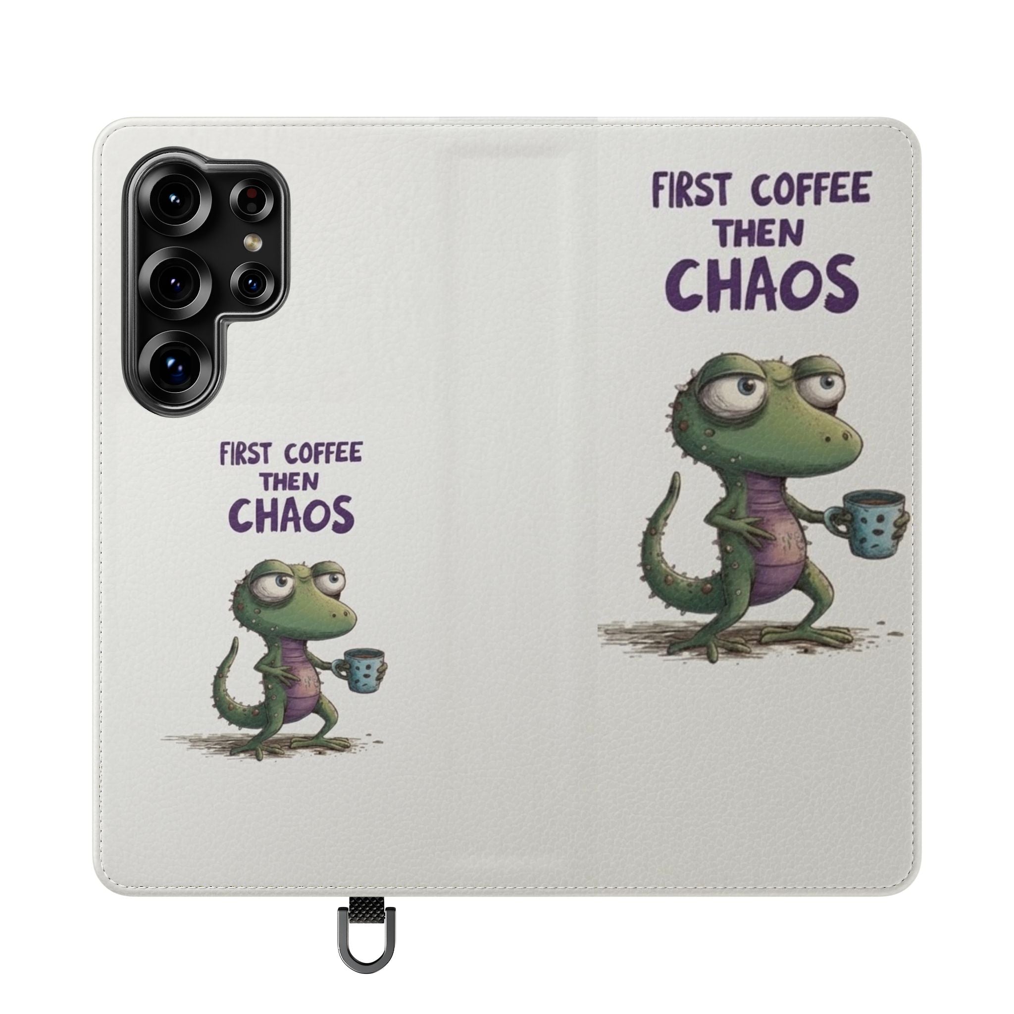 Flip Case — "First Coffee Then Chaos" Cute Dino Phone Wallet