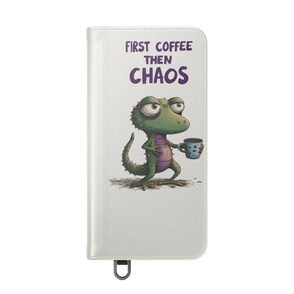 Flip Case — "First Coffee Then Chaos" Cute Dino Phone Wallet