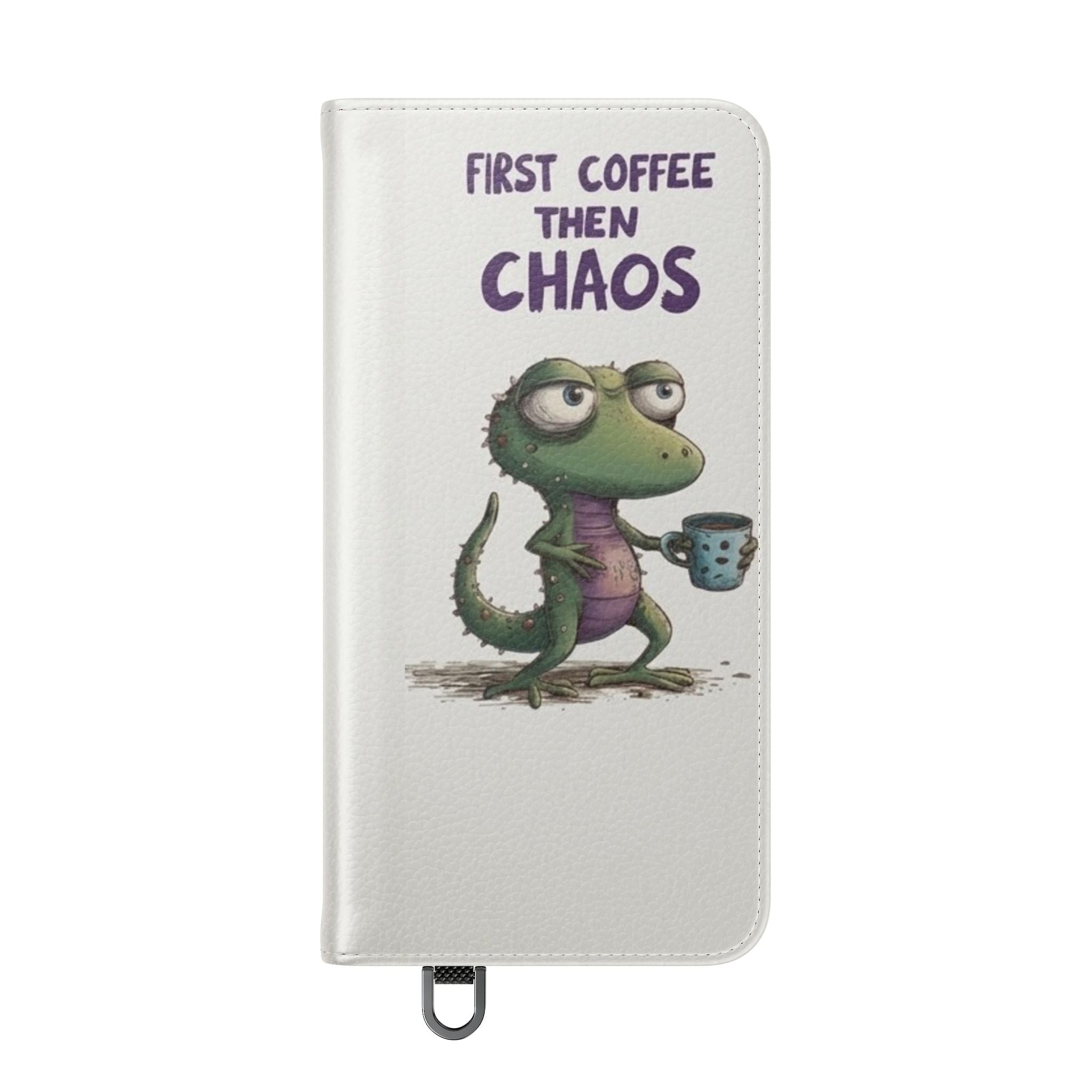 Flip Case — "First Coffee Then Chaos" Cute Dino Phone Wallet