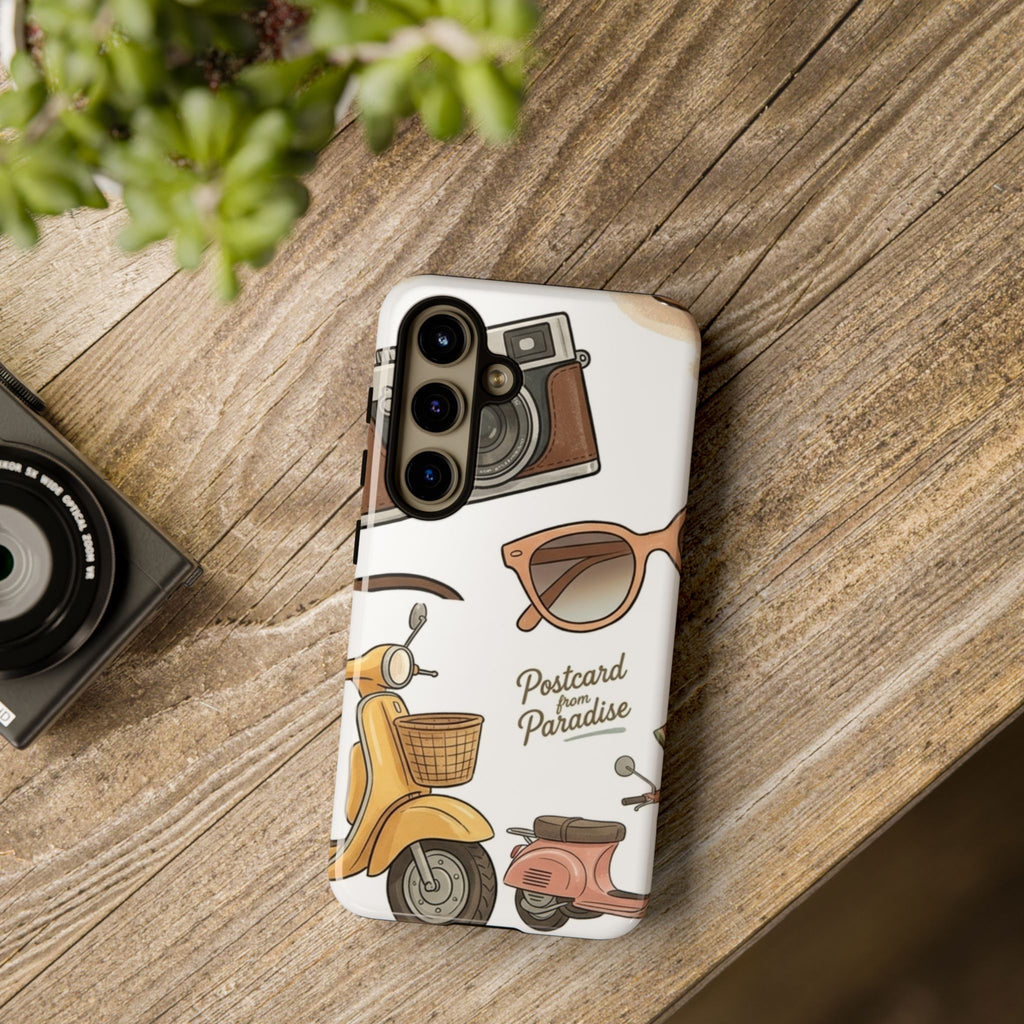 Vintage Summer Beach Phone Case — Feminine Travel Pattern with Cameras, Sunglasses & Scooter