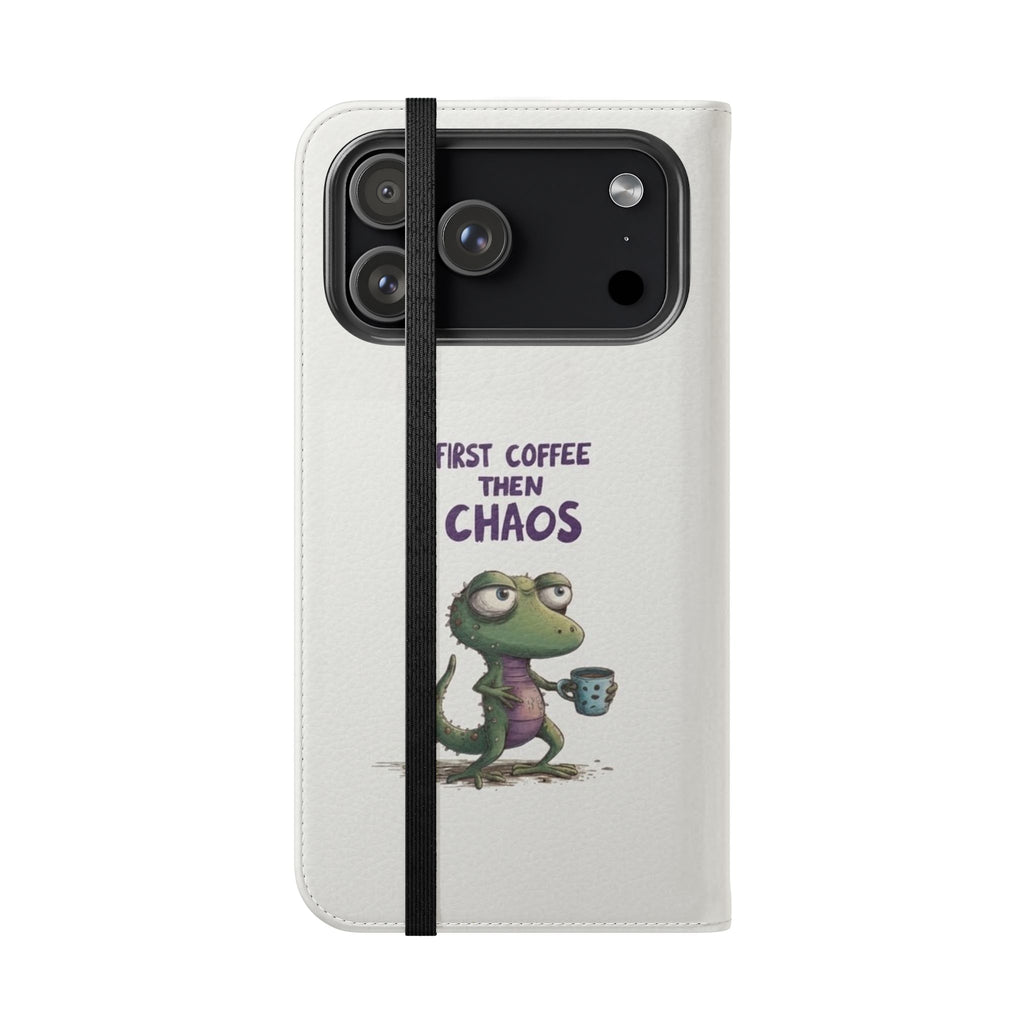 Flip Case — "First Coffee Then Chaos" Cute Dino Phone Wallet