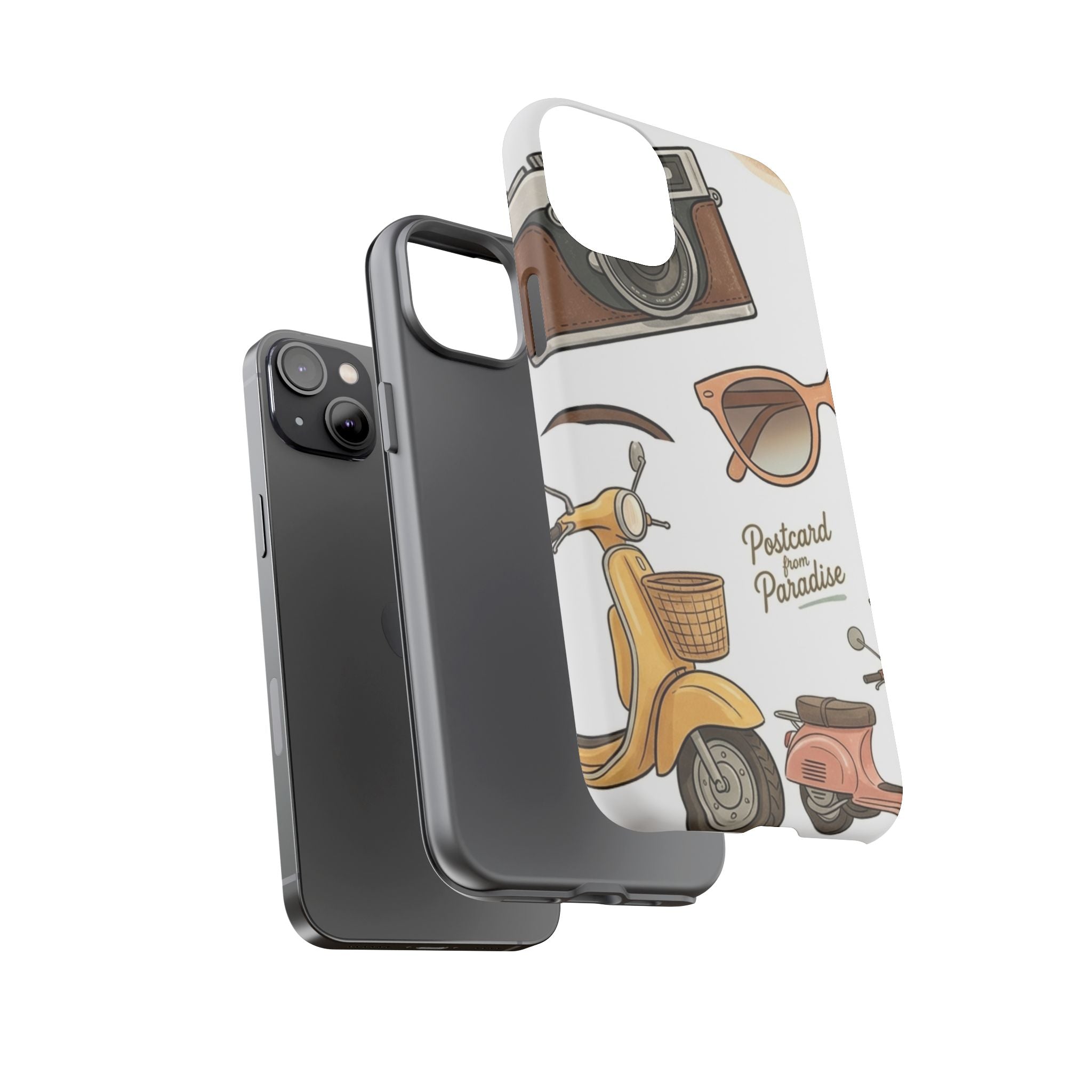 Vintage Summer Beach Phone Case — Feminine Travel Pattern with Cameras, Sunglasses & Scooter
