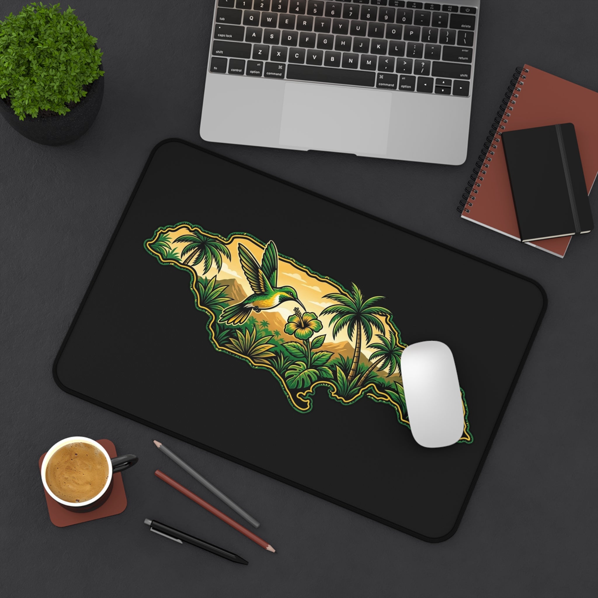 Desk Mat — Jamaican Hummingbird Island Desk Mat (Tropical Palm, Hibiscus & Nautical Vibe)