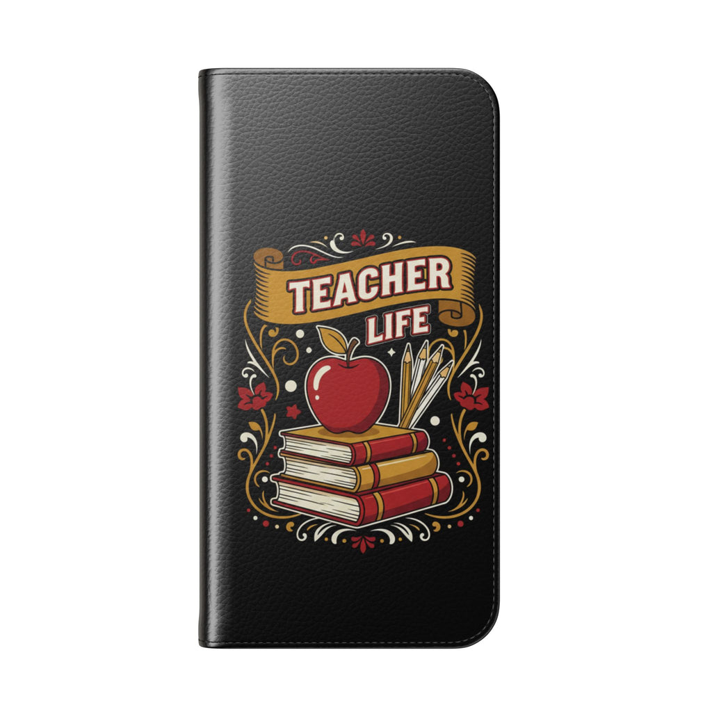 Teacher Life Flip Phone Case – Wallet Folio with Apple & Books Design