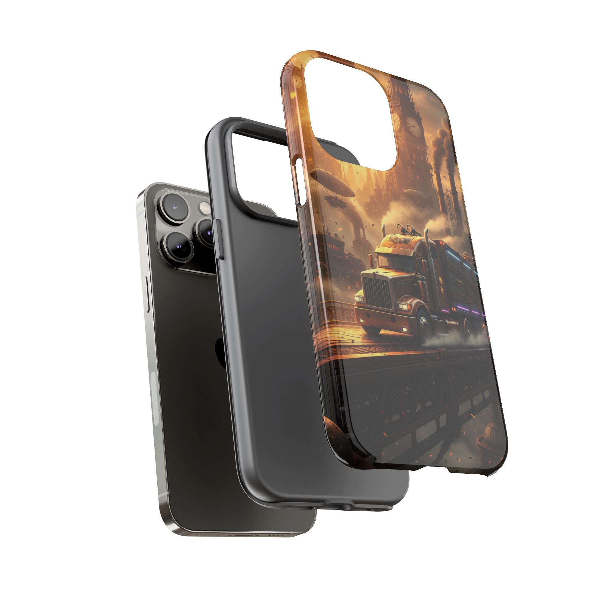 Steampunk Freightliner Phone Case — Rugged Trucking Cityscape iPhone Cover