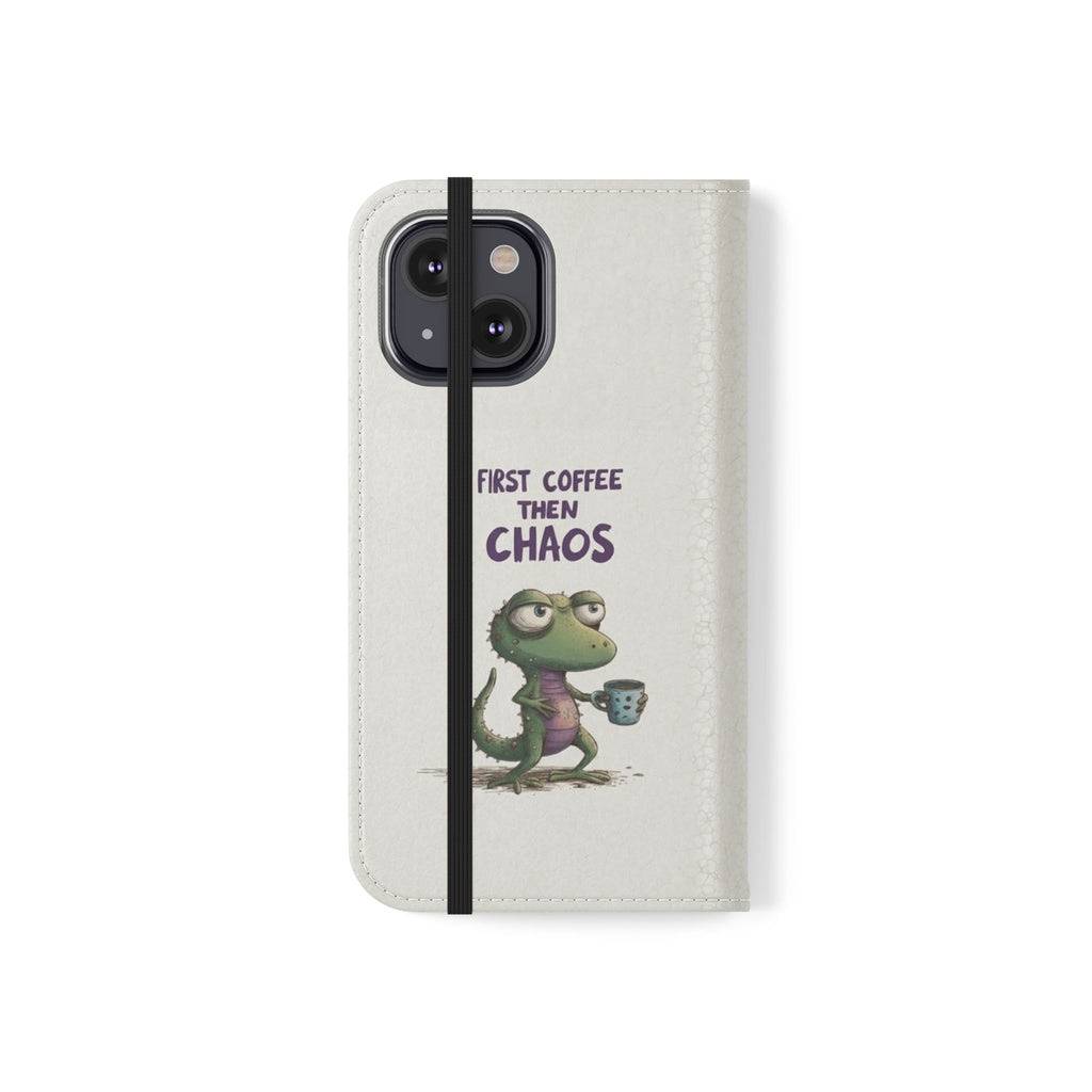 Flip Case — "First Coffee Then Chaos" Cute Dino Phone Wallet