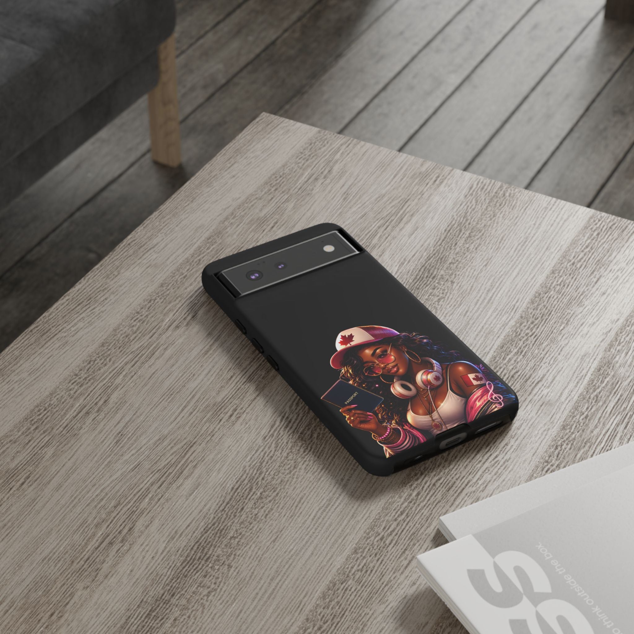 Canadian Vibes Phone Case — Afrobeat Girl with Headphones & Passport Design