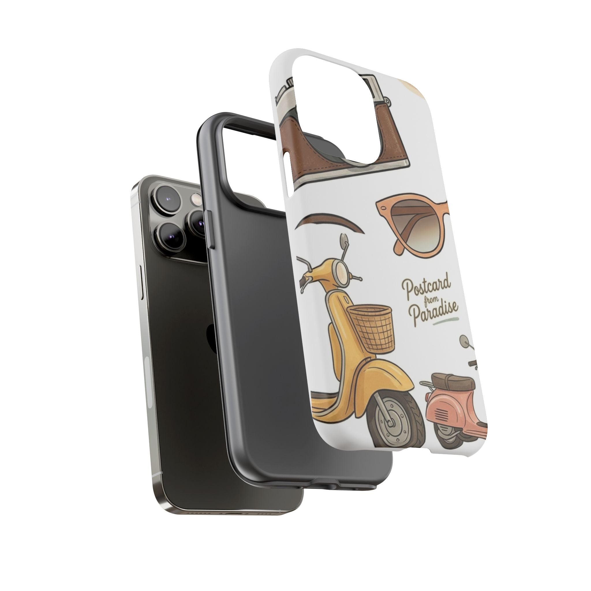 Vintage Summer Beach Phone Case — Feminine Travel Pattern with Cameras, Sunglasses & Scooter