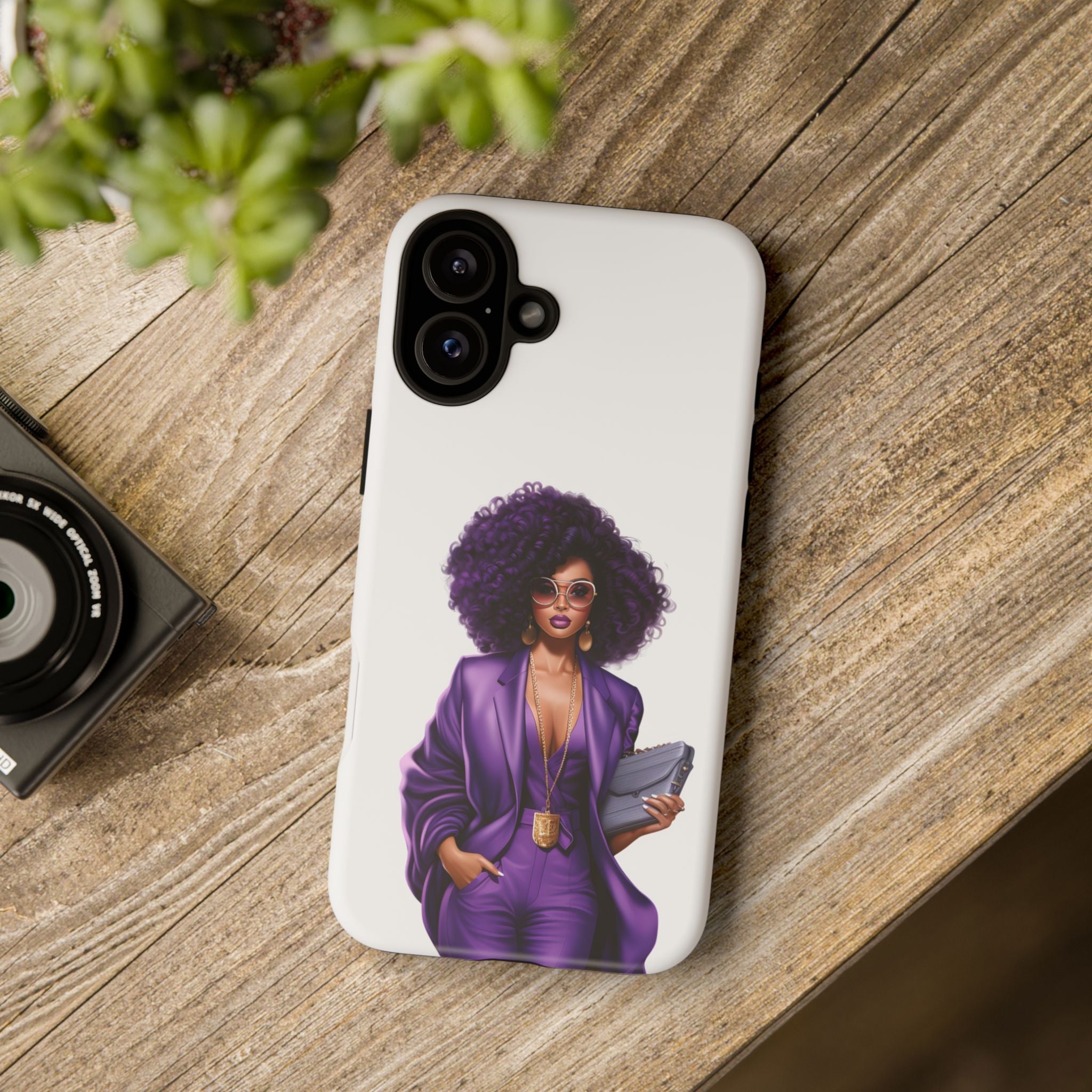 Purple Power Woman Phone Case — Afro Chic Businesswoman Protective Phone Cover